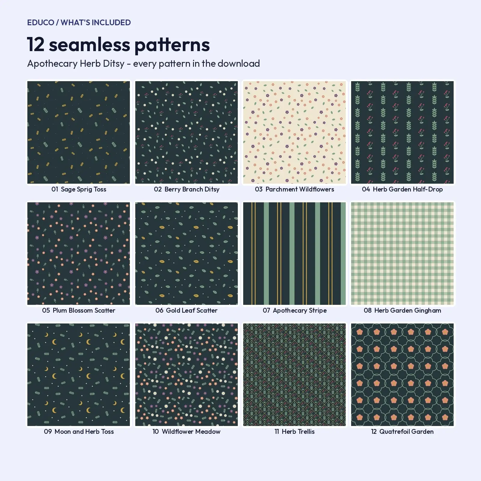 Apothecary Herb Ditsy Seamless Papers - 12 Botanical Patterns in Sage, Plum and Gold, preview 2 of 4
