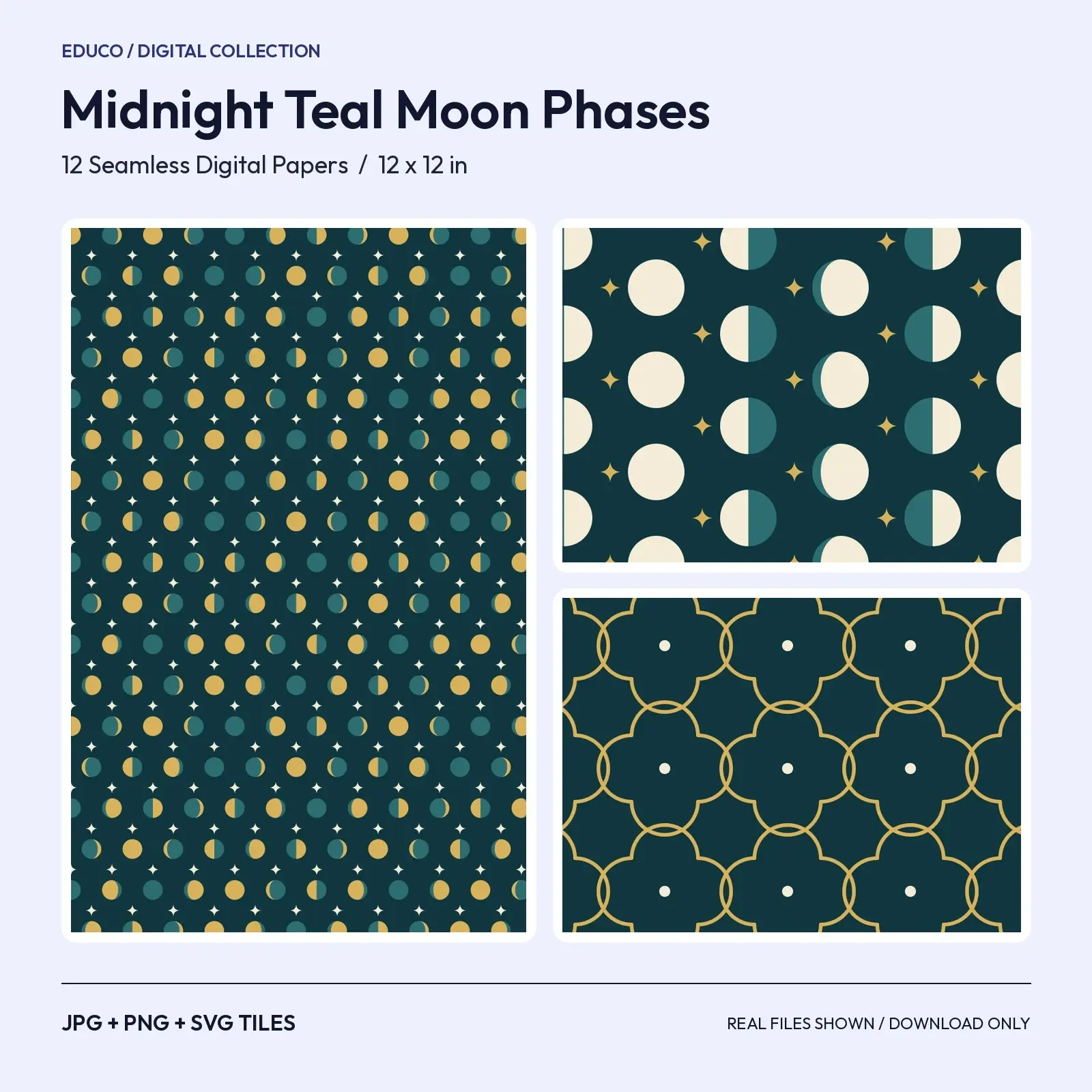 Moon Phase Midnight Teal Digital Paper - 12 Seamless Celestial Patterns in Teal and Gold preview