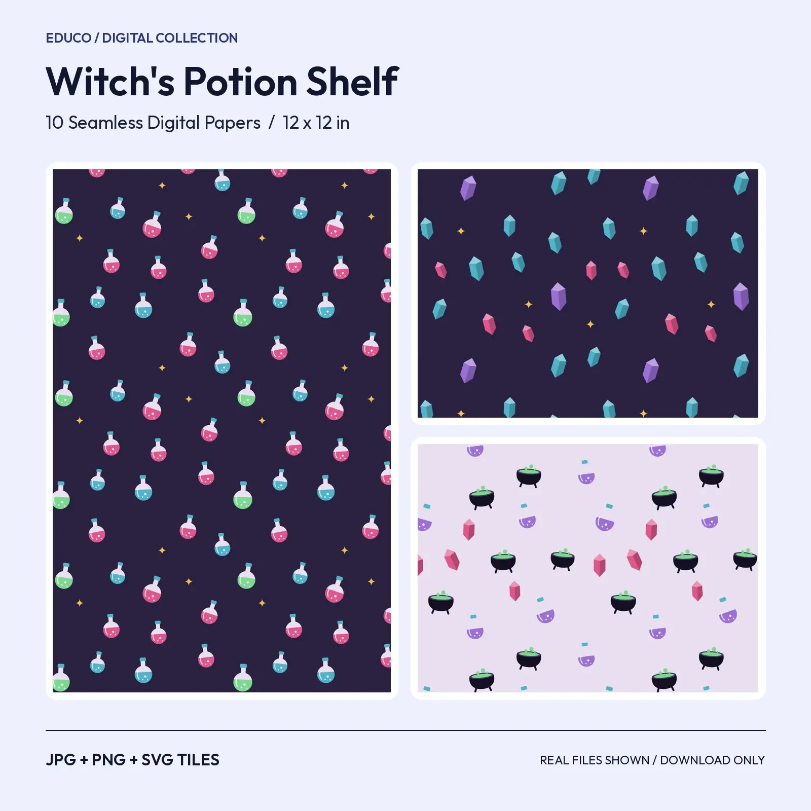 Witch's Potion Shelf Seamless Papers - 10 Cauldron, Potion and Crystal Patterns preview