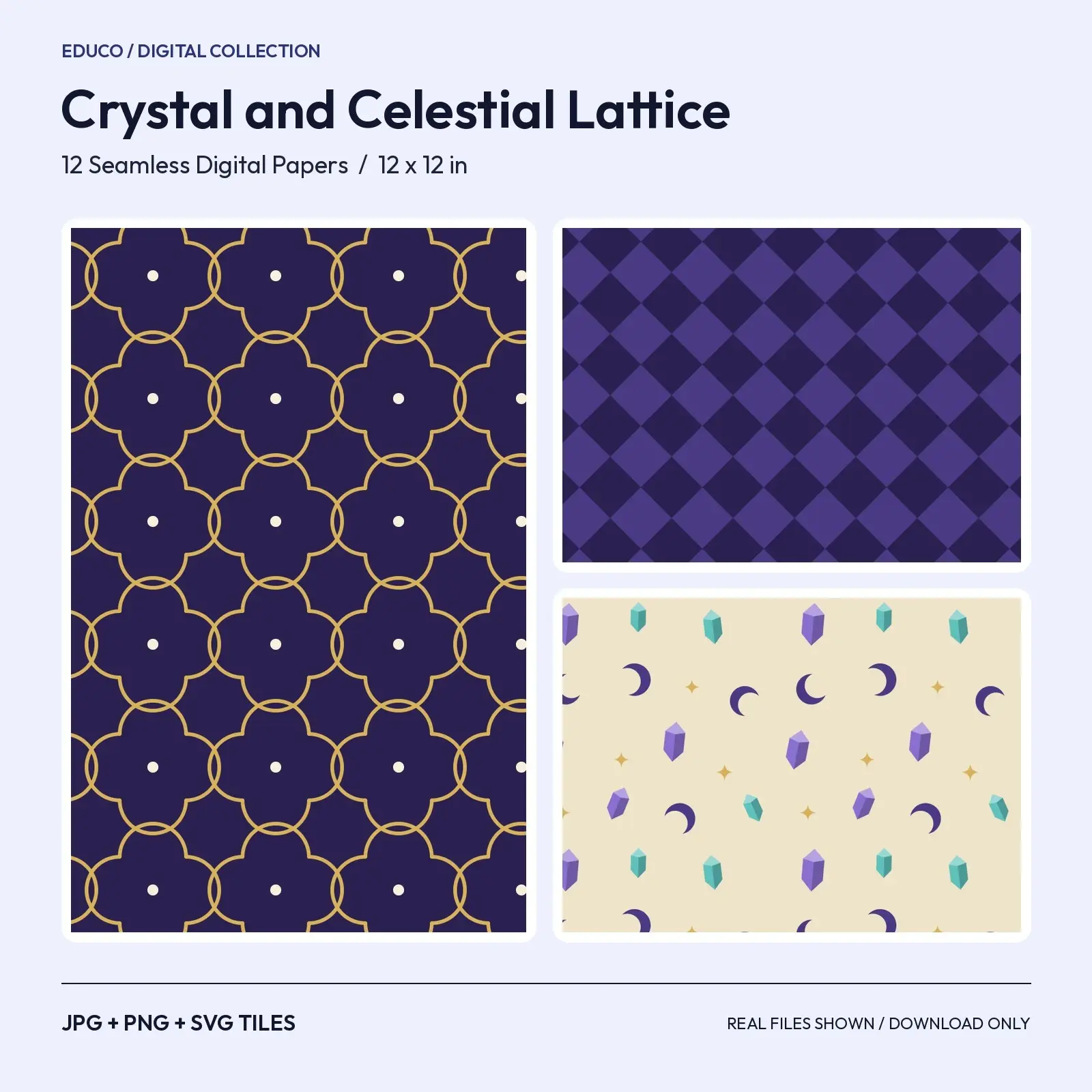 Crystal and Celestial Lattice Digital Papers - 12 Seamless Quatrefoil, Trellis and Star Patterns preview