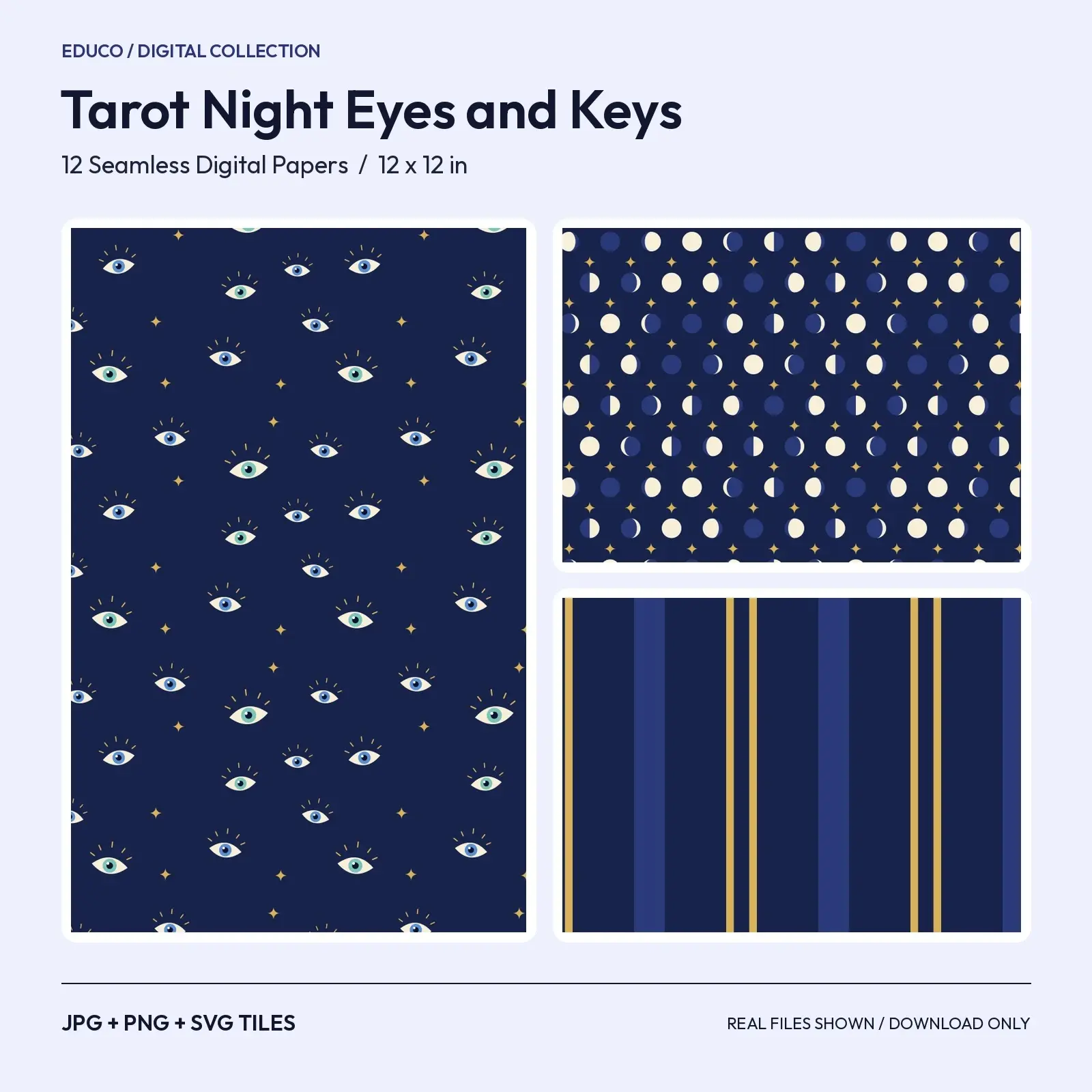 Tarot Night Eyes and Keys Seamless Papers - 12 Mystic Patterns with Moons, Stars and Candles preview