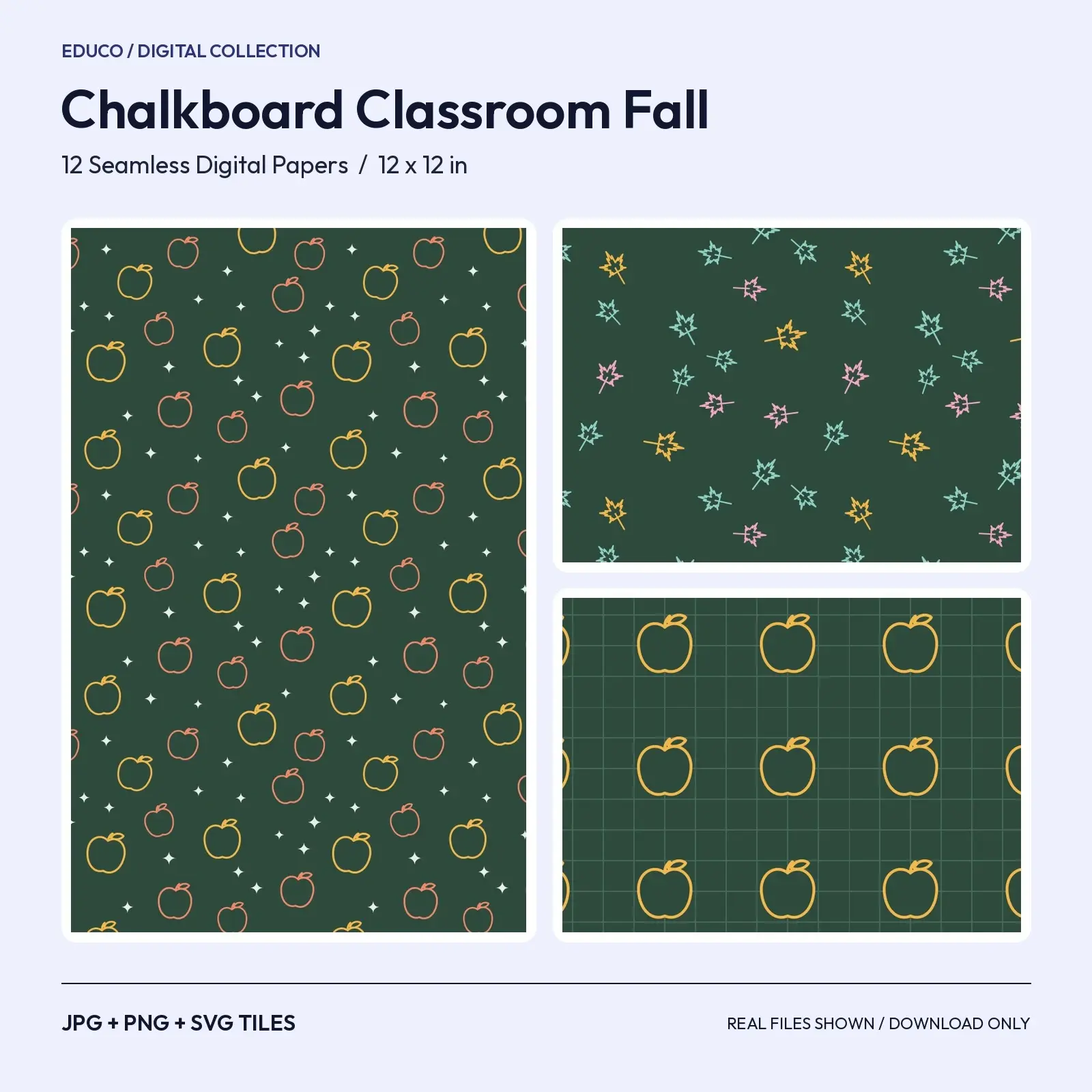 Chalkboard Classroom Fall Digital Paper - 12 Seamless Chalk-Style Autumn Patterns preview