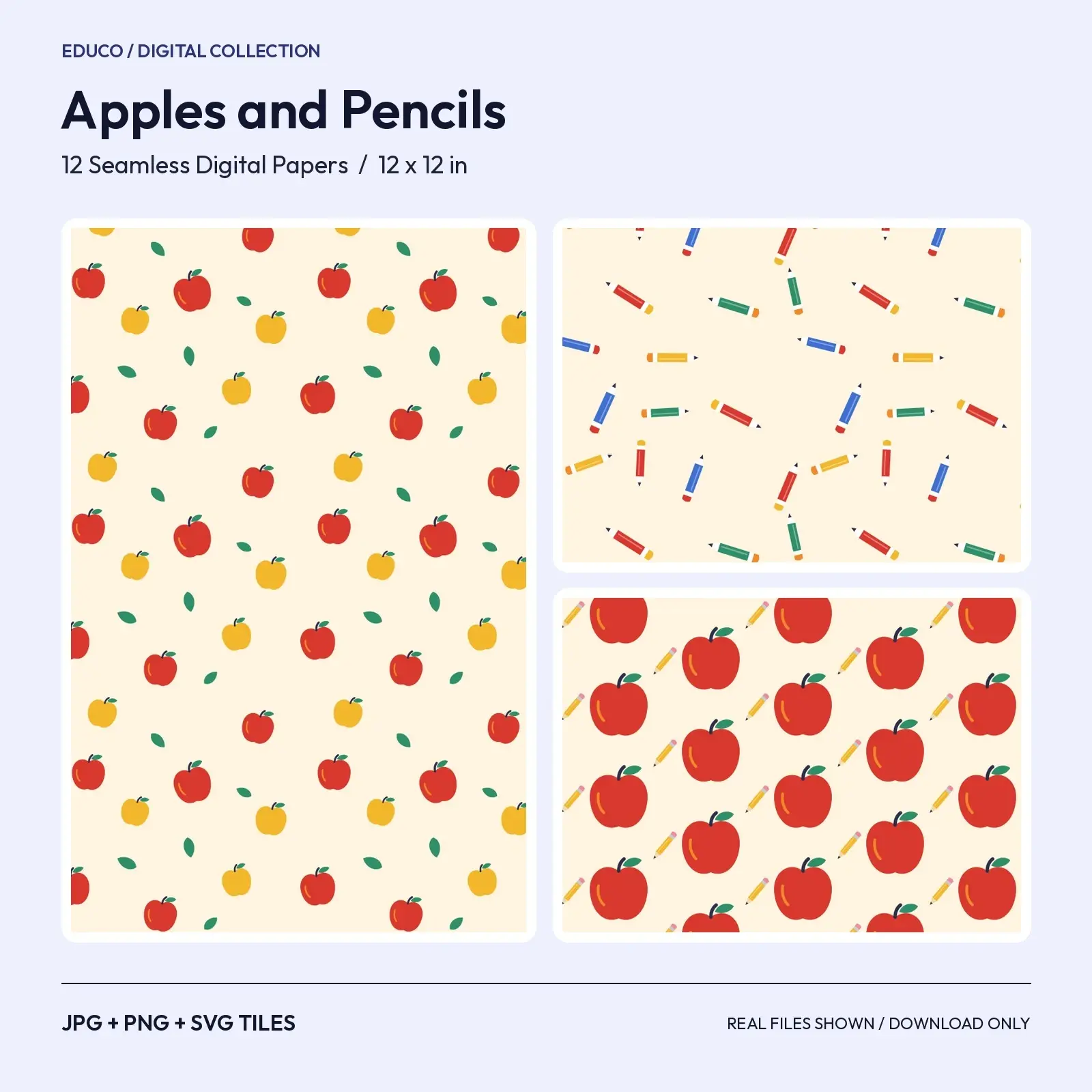 Back-to-School Apples and Pencils Seamless Papers - 12 Fall Classroom Digital Patterns preview