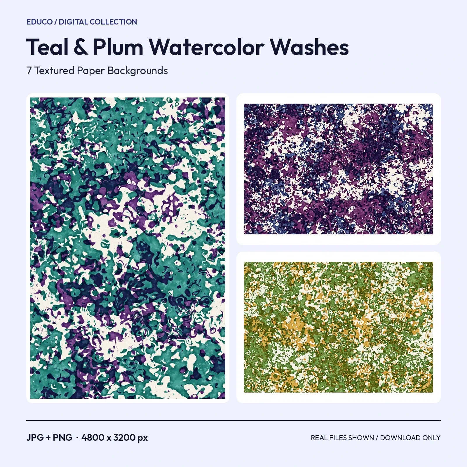 Teal and Plum Watercolor Wash Backgrounds - 7 Textured Paper Textures, 4800 x 3200 preview