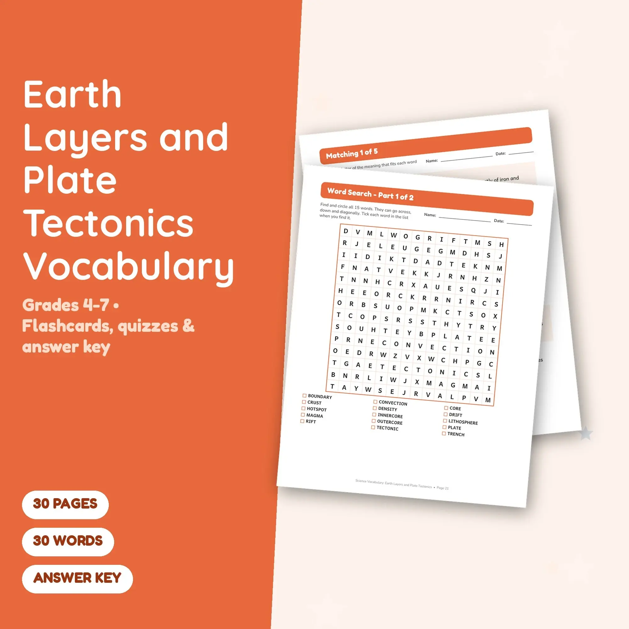 Earth Layers and Plate Tectonics Vocabulary Practice Pack Grades 4-7 - 30 Printable Pages + Key preview