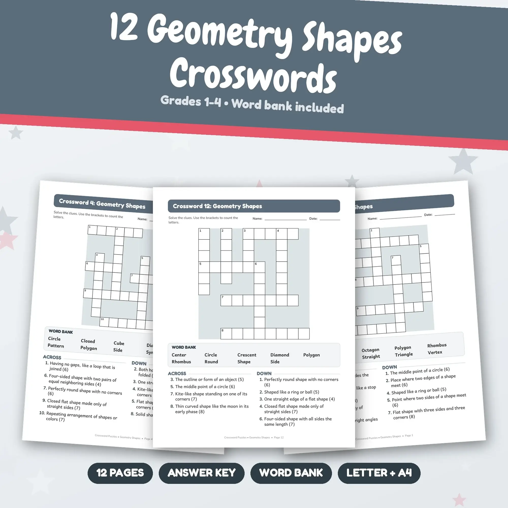 Geometry Shapes Crossword Puzzles with Word Bank: 12 Pages, Grades 1-4 preview