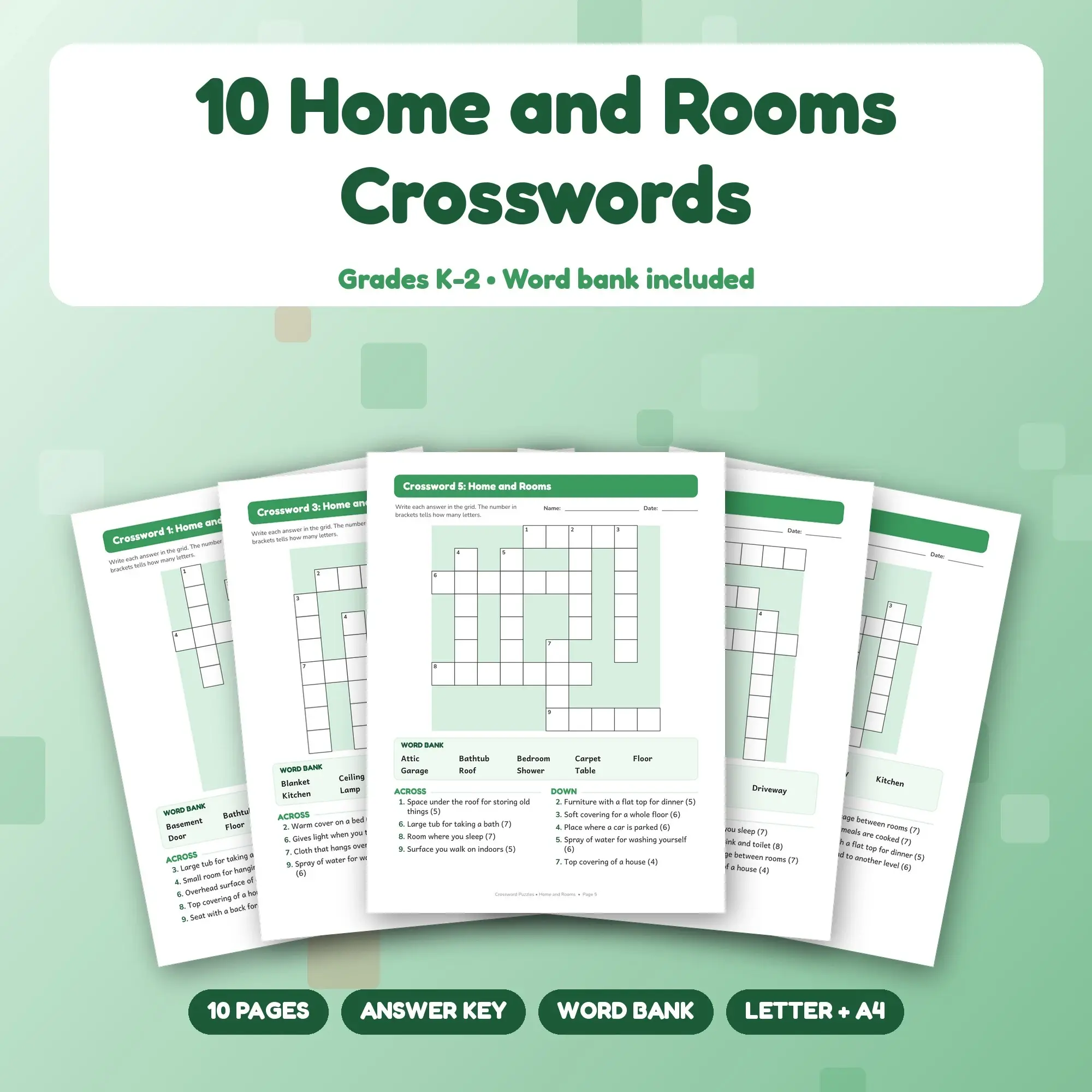 10-Puzzle Home and Rooms Crossword Pack for Grades K-2 (PDF + Key) preview
