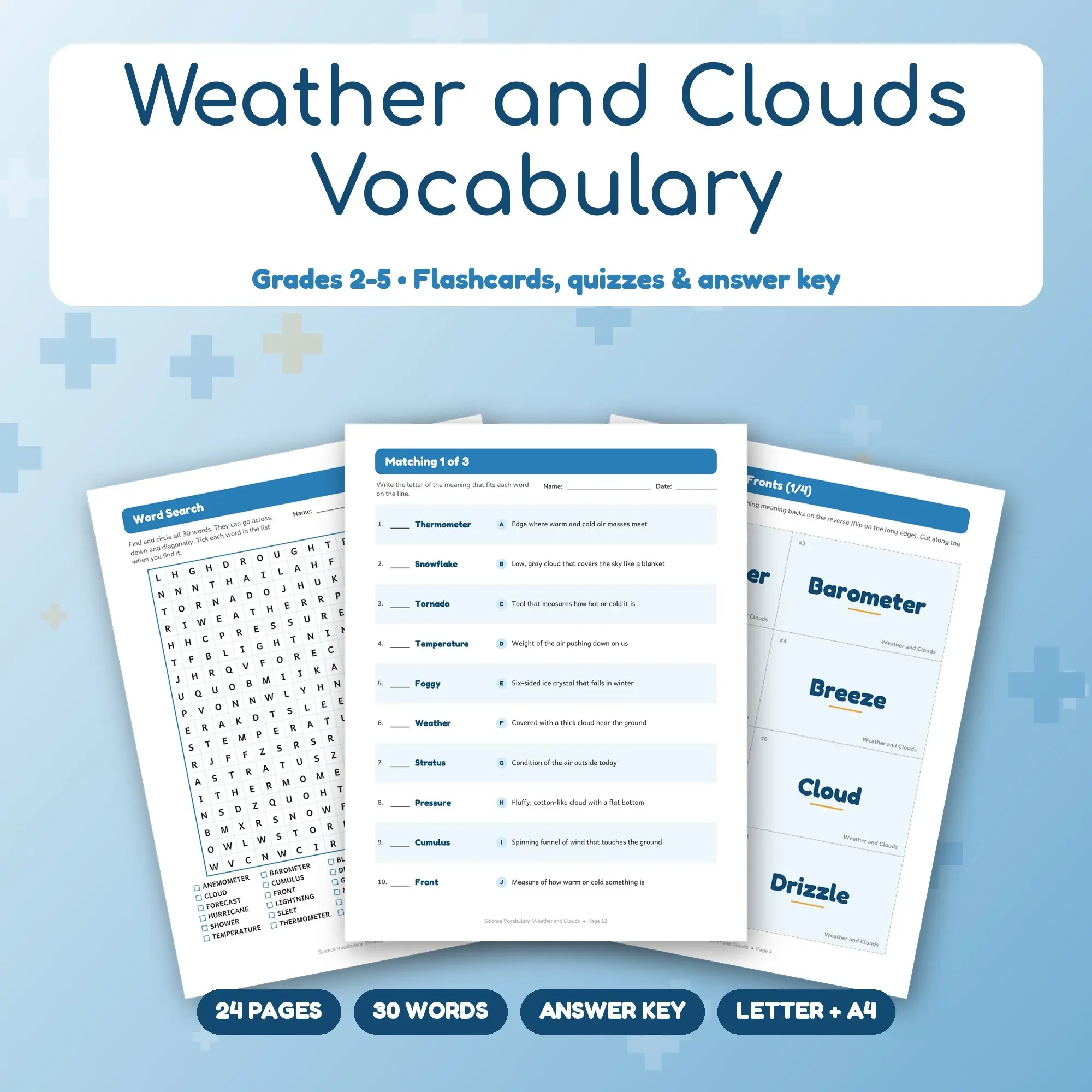 Printable Weather and Clouds Vocabulary Activities Grades 2-5 - Word Search, Quizzes, Key preview
