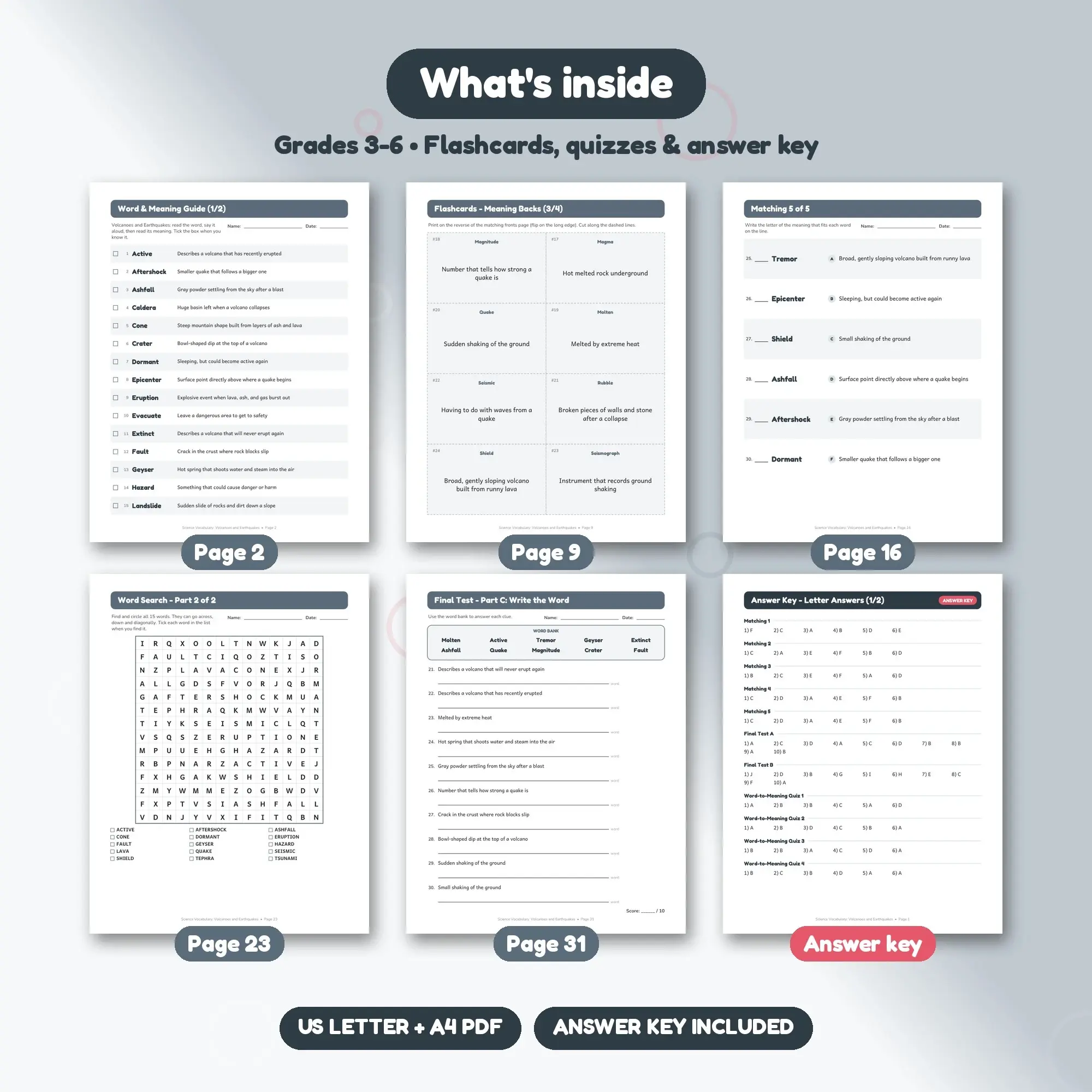 Printable Volcanoes and Earthquakes Vocabulary Activities Grades 3-6 - Word Search, Quizzes, Key, preview 2 of 2