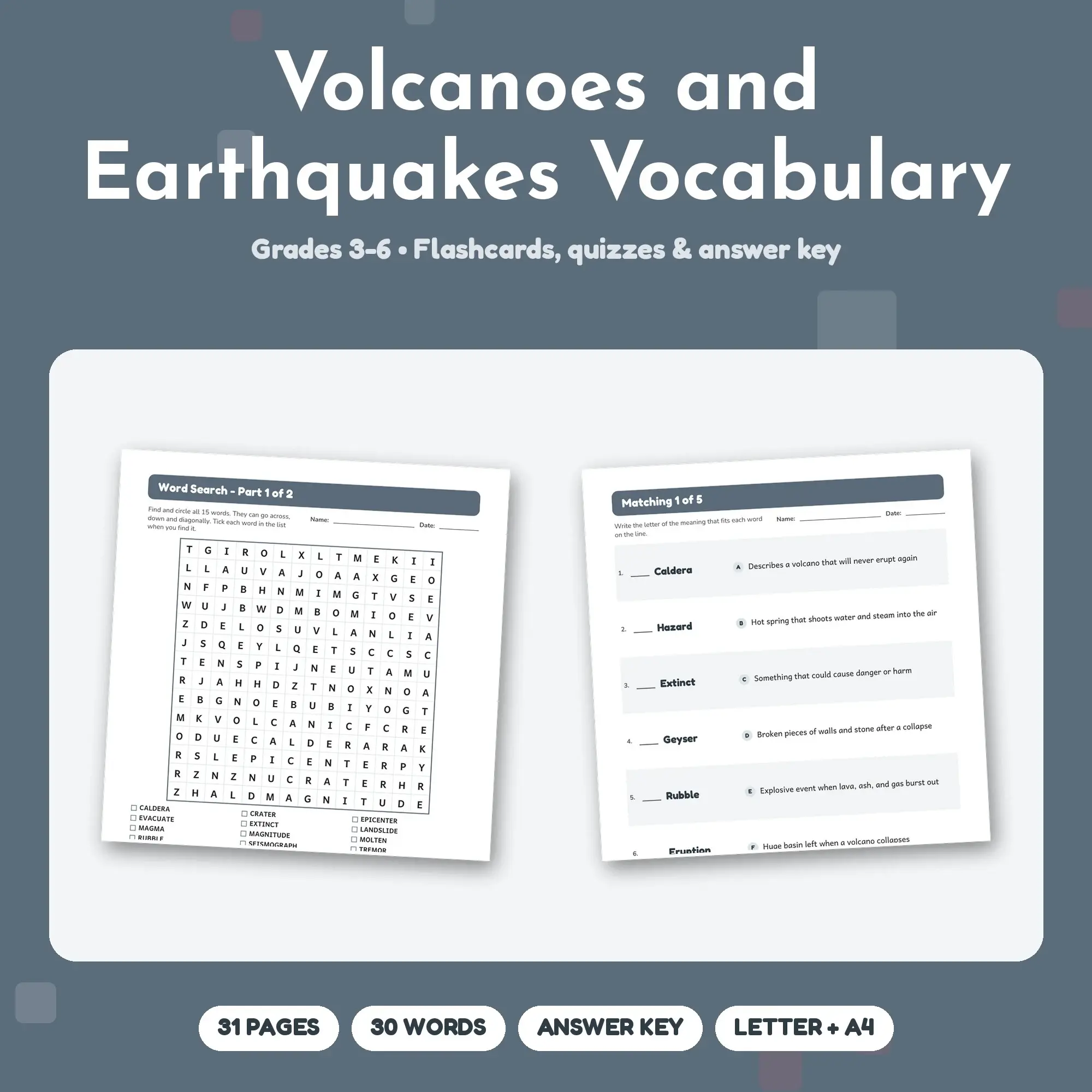 Printable Volcanoes and Earthquakes Vocabulary Activities Grades 3-6 - Word Search, Quizzes, Key, preview 1 of 2