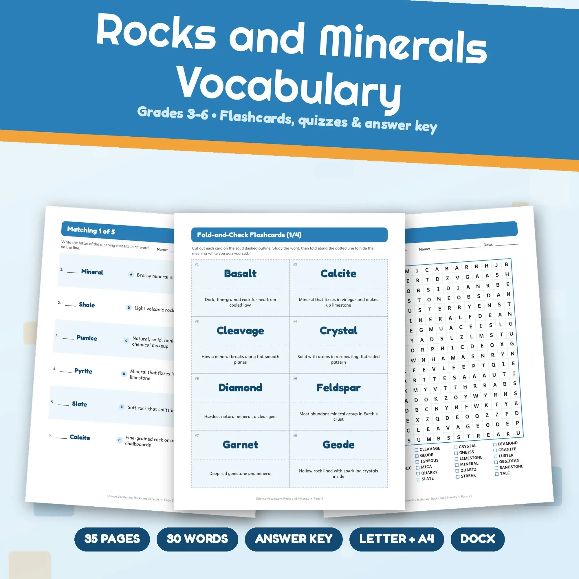 Rocks and Minerals Vocabulary Worksheets & Flashcards Grades 3-6 + Answer Key preview