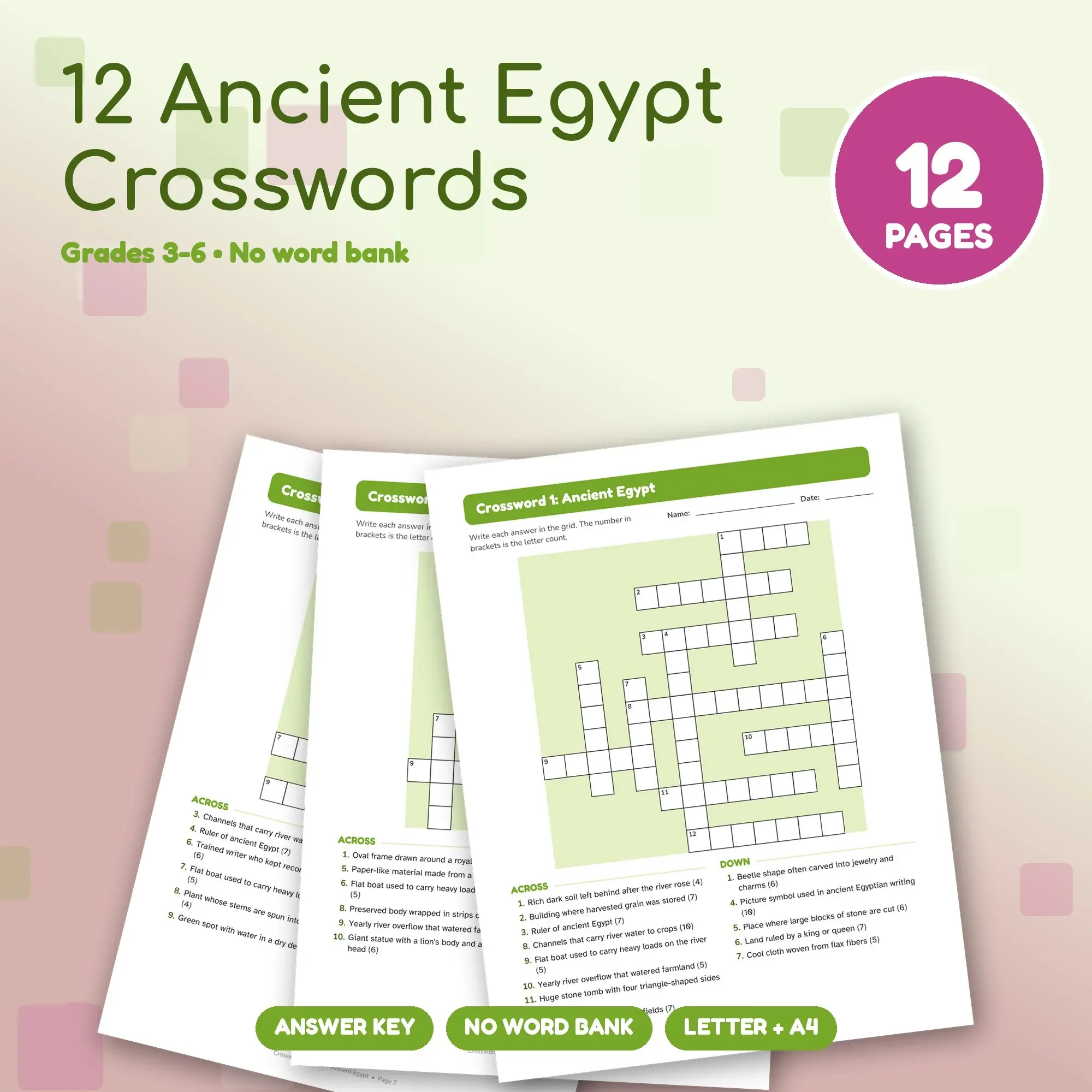 Ancient Egypt Crossword Worksheets: 12 Puzzles, Grades 3-6, Key Included preview