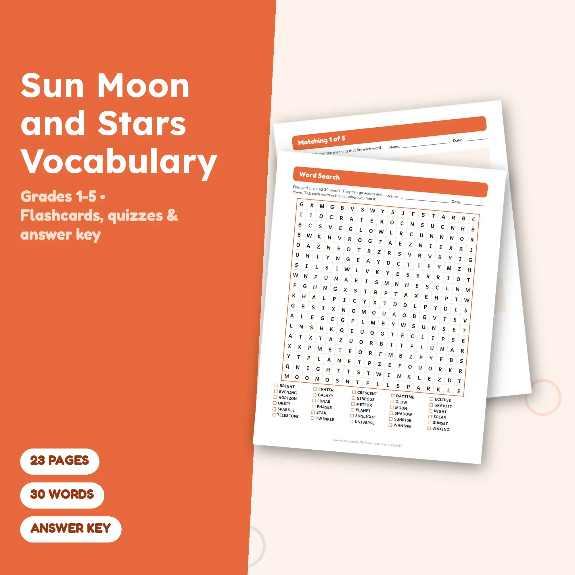 Sun Moon and Stars Word List, Flashcards & Vocabulary Quizzes (Grades 1-5) - 23 Pages, preview 1 of 2