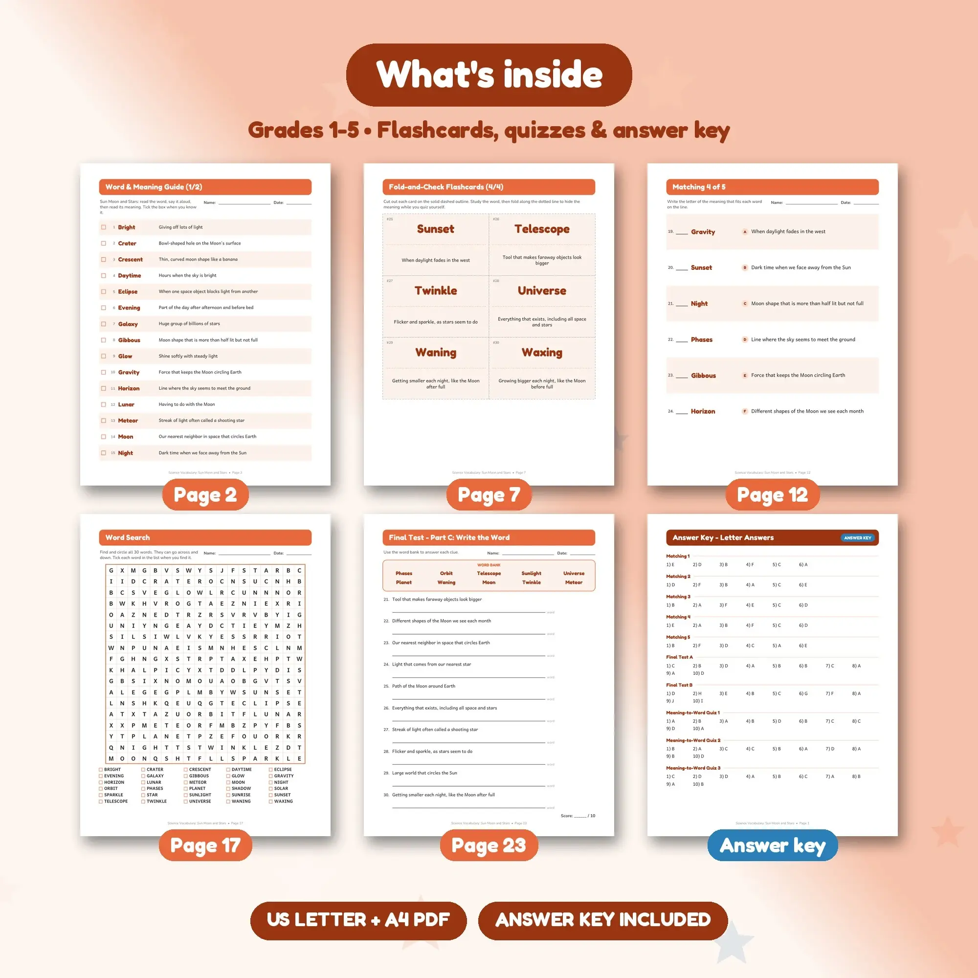 Sun Moon and Stars Word List, Flashcards & Vocabulary Quizzes (Grades 1-5) - 23 Pages, preview 2 of 2