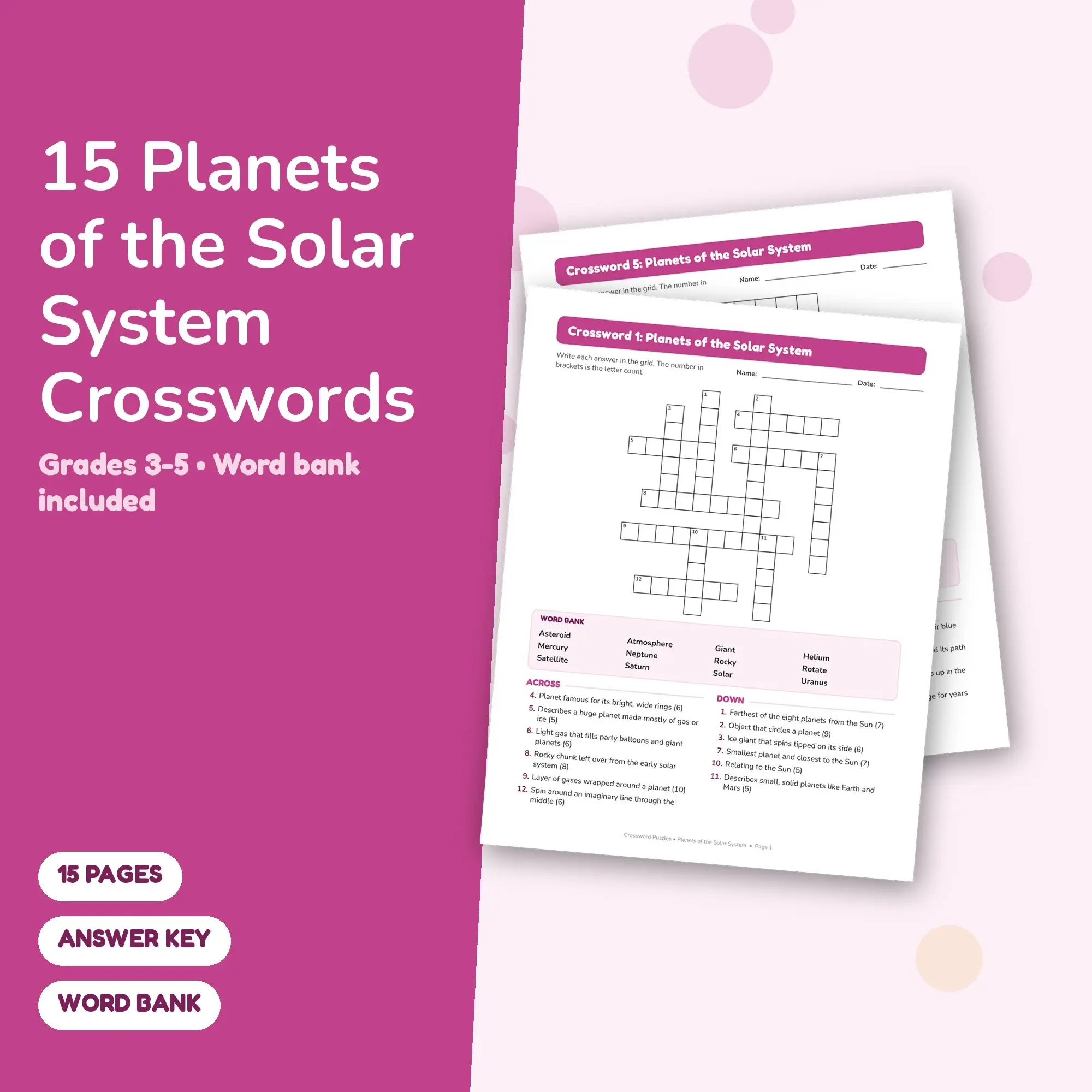 15 Planets of the Solar System Crossword Puzzles, Grades 3-5 + Answer Key preview