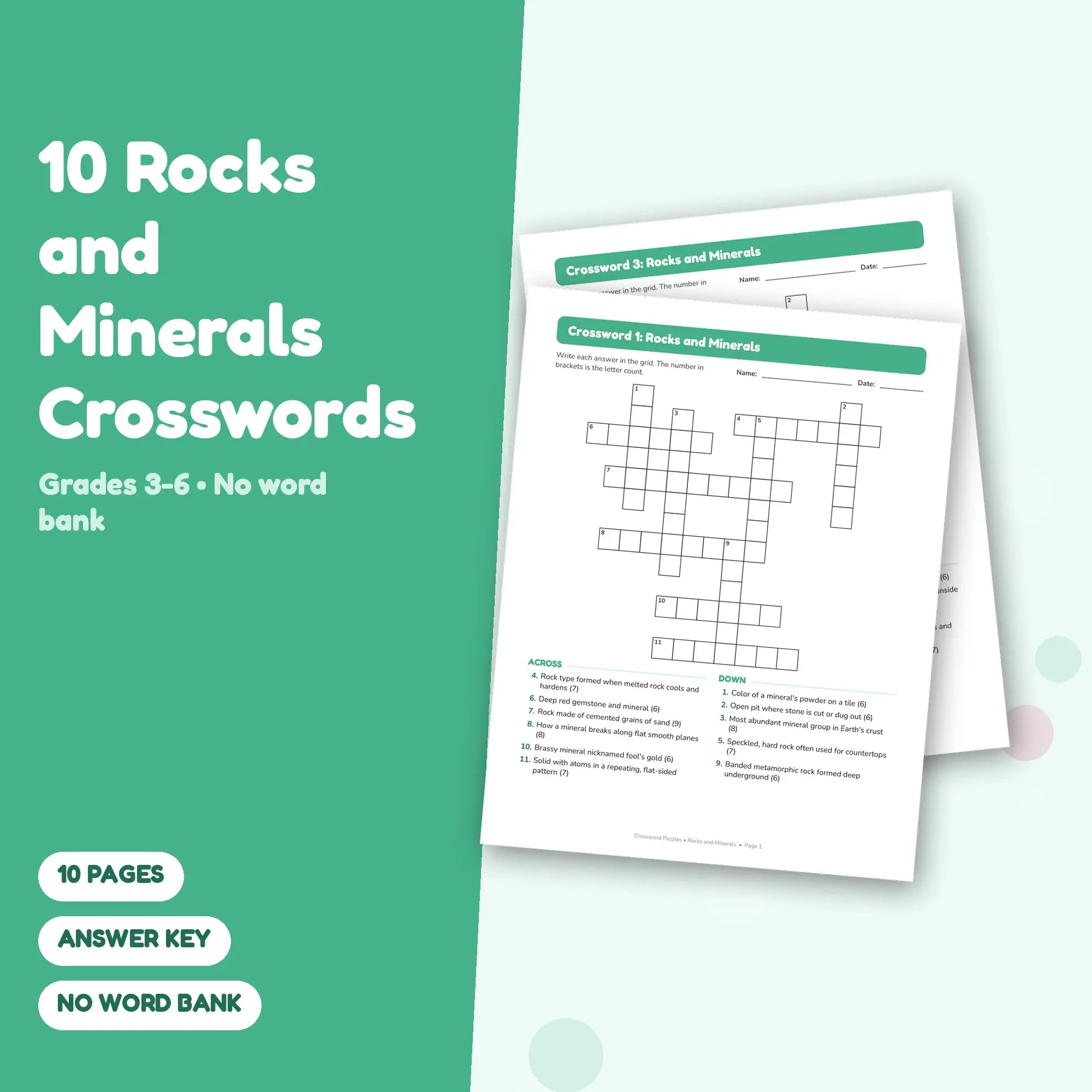 10 Rocks and Minerals Crossword Puzzles, Grades 3-6 + Answer Key, preview 1 of 2