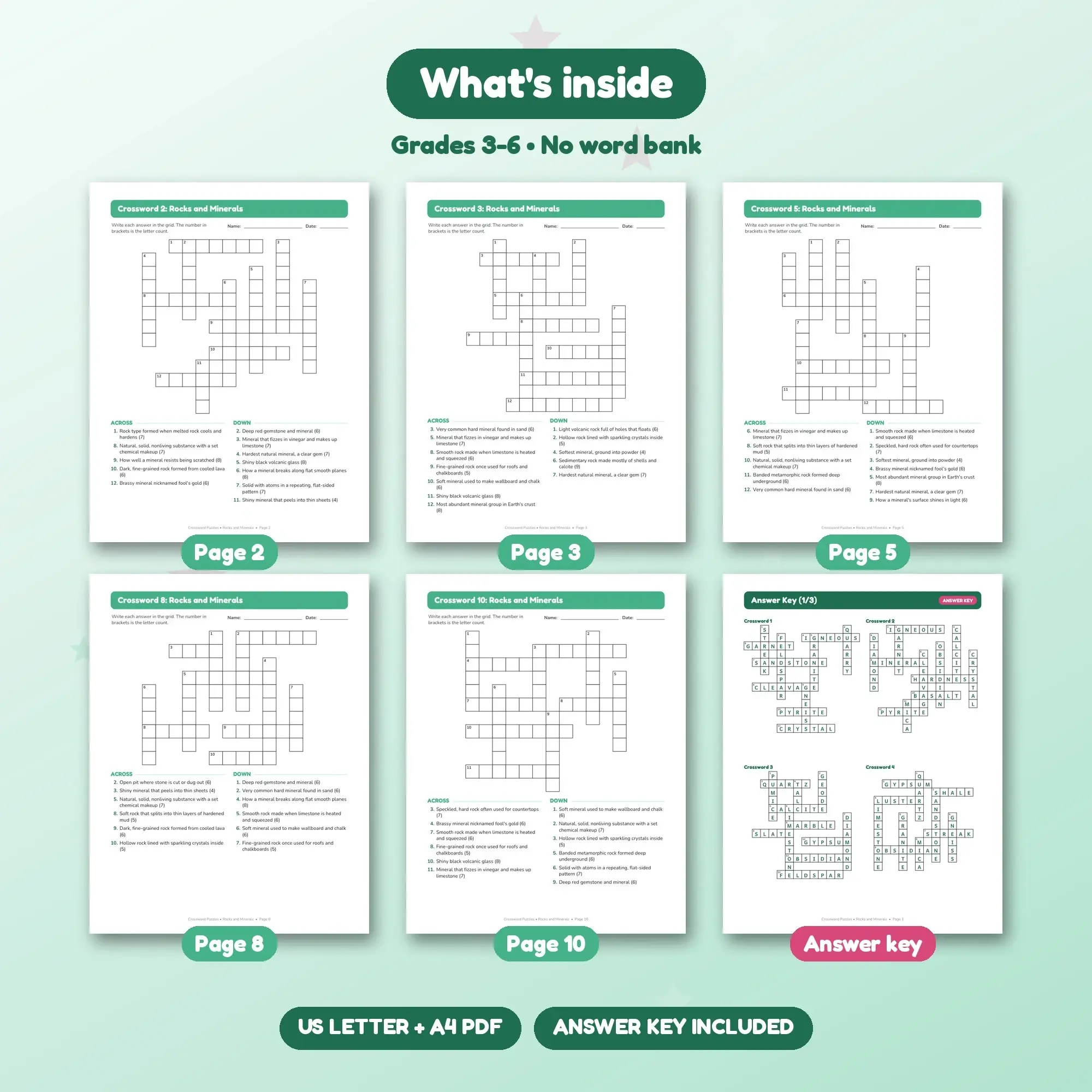 10 Rocks and Minerals Crossword Puzzles, Grades 3-6 + Answer Key, preview 2 of 2