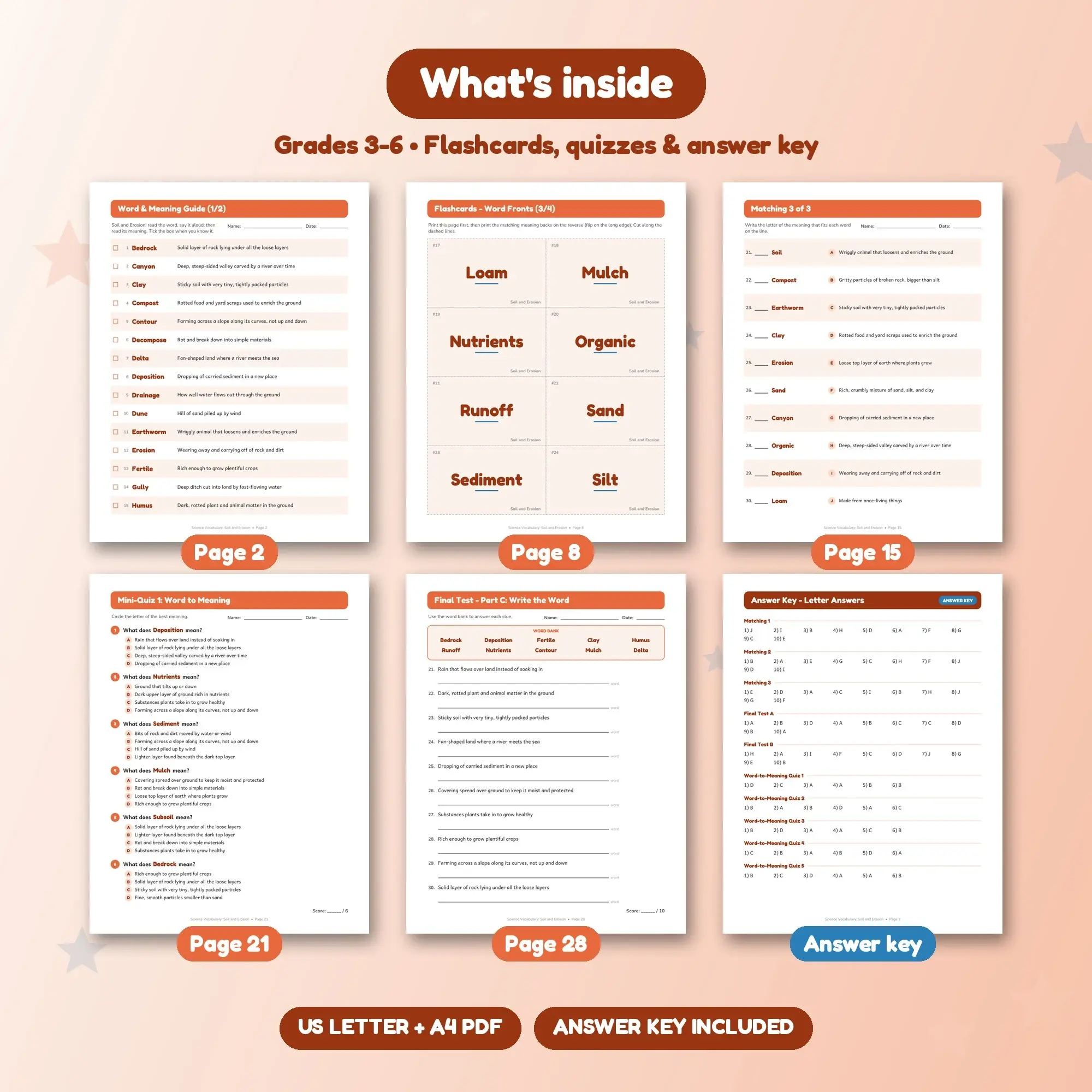 Soil and Erosion Vocabulary Worksheets & Flashcards Grades 3-6 + Answer Key, preview 2 of 2