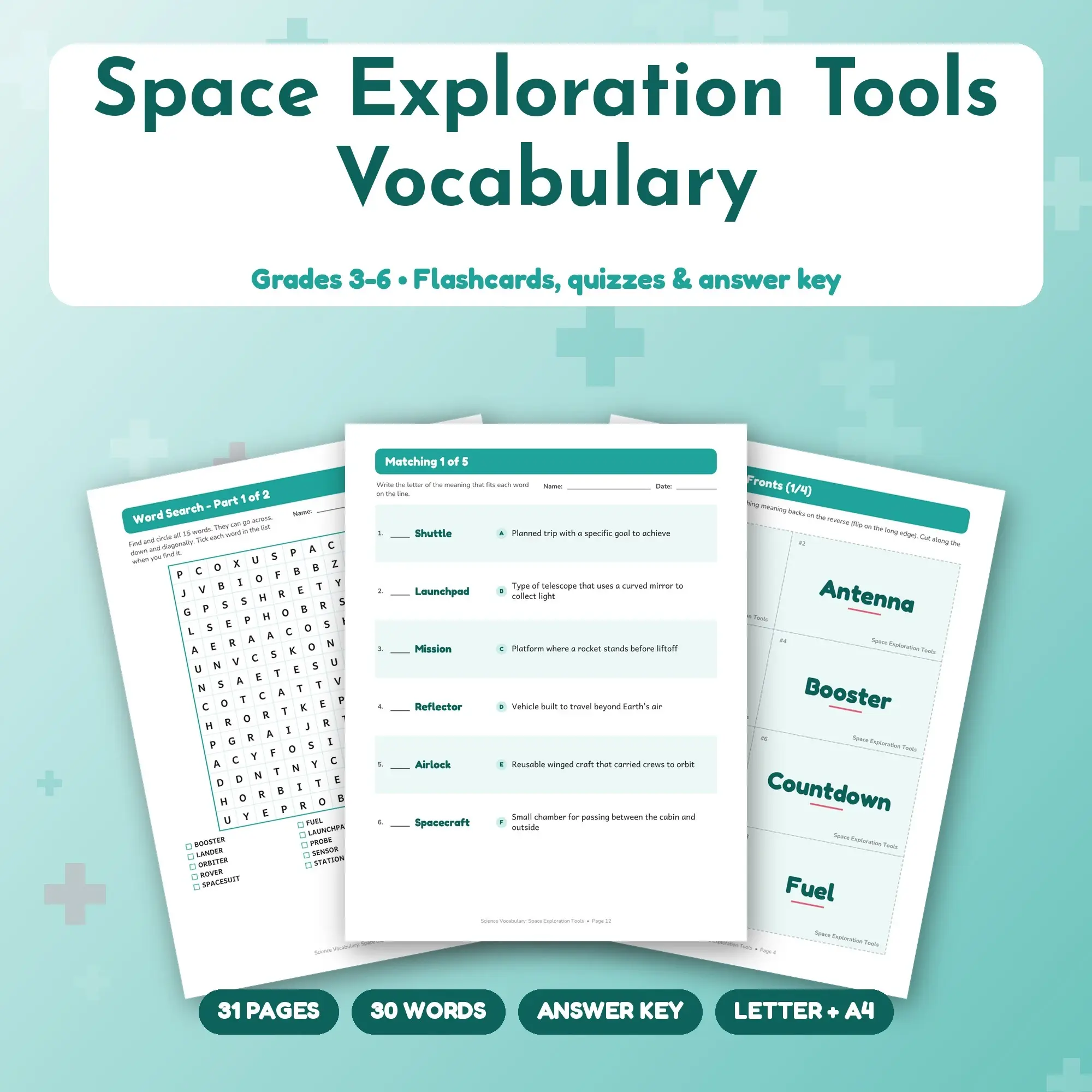 Printable Space Exploration Tools Vocabulary Activities Grades 3-6 - Word Search, Quizzes, Key preview