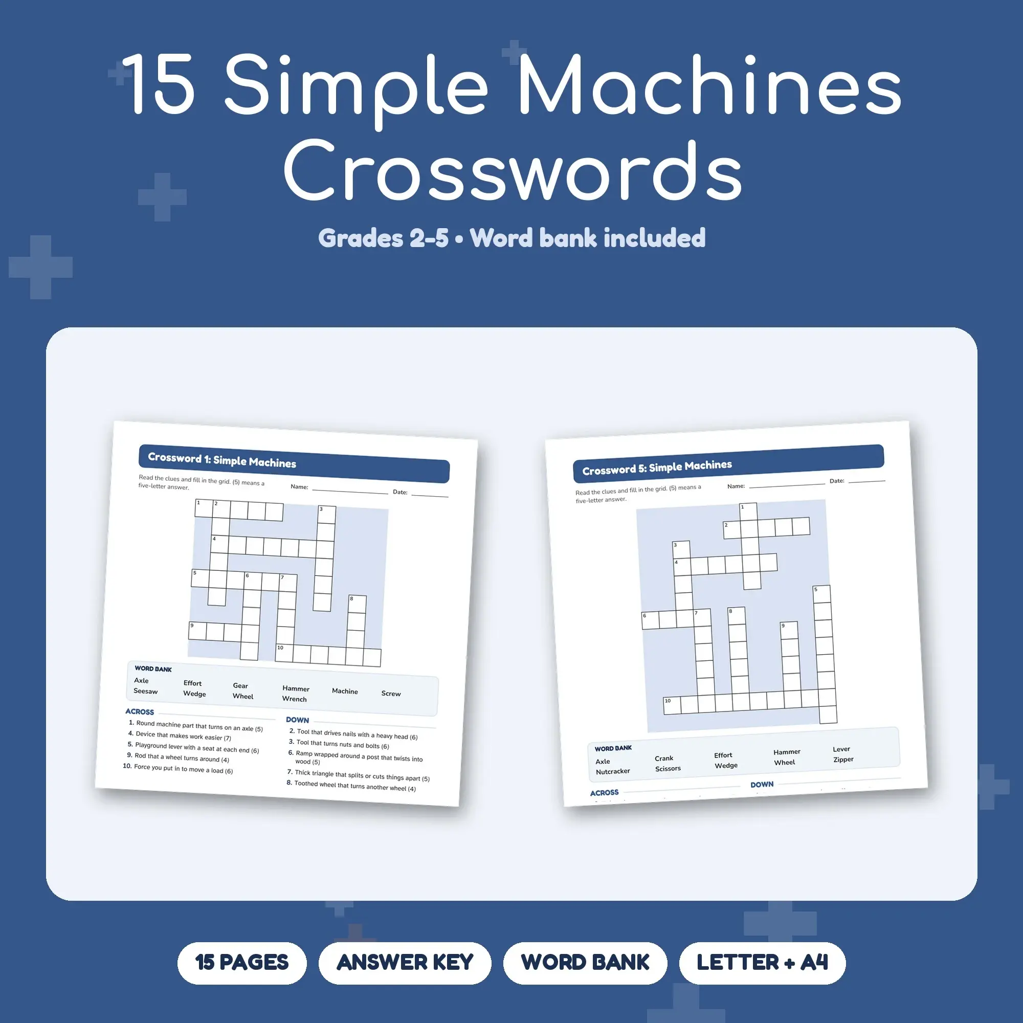 15 Simple Machines Crossword Puzzles, Grades 2-5 + Answer Key preview