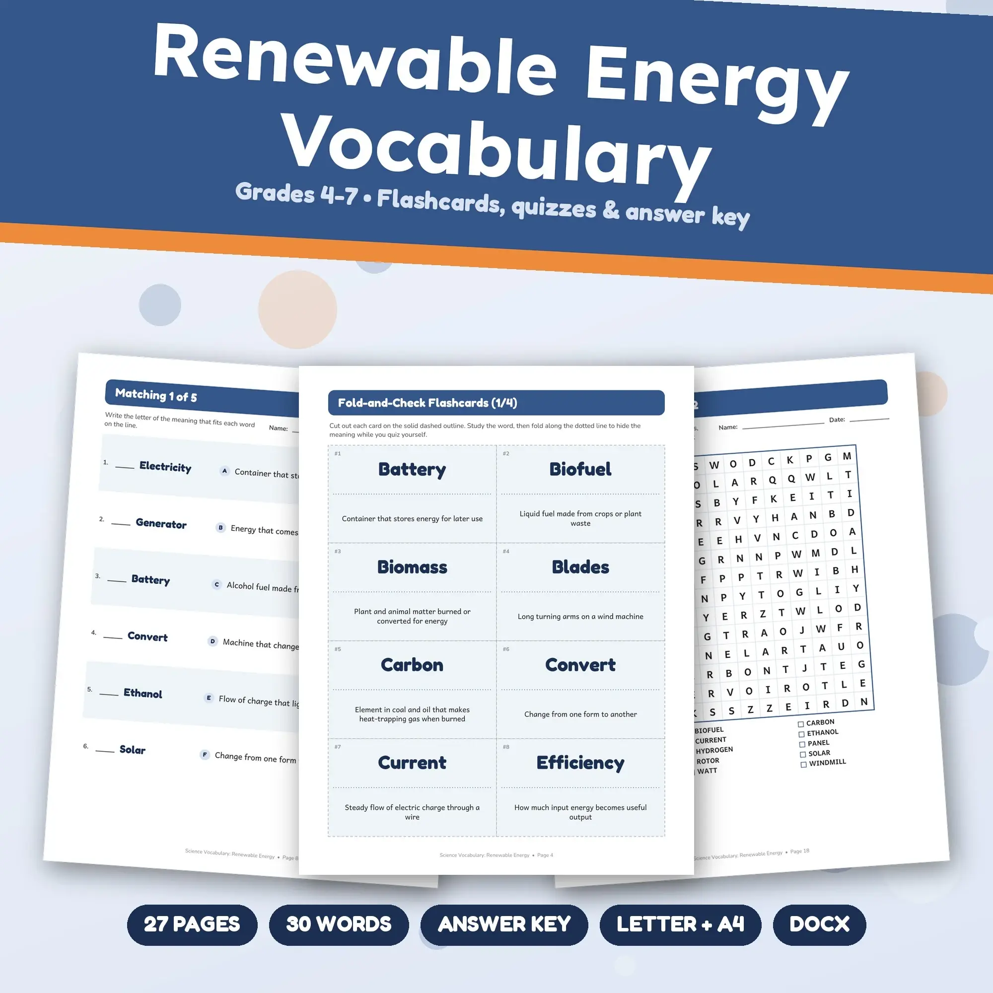 Renewable Energy Vocabulary Study Set - Flashcards, Quizzes & Word Search, Grades 4-7 preview