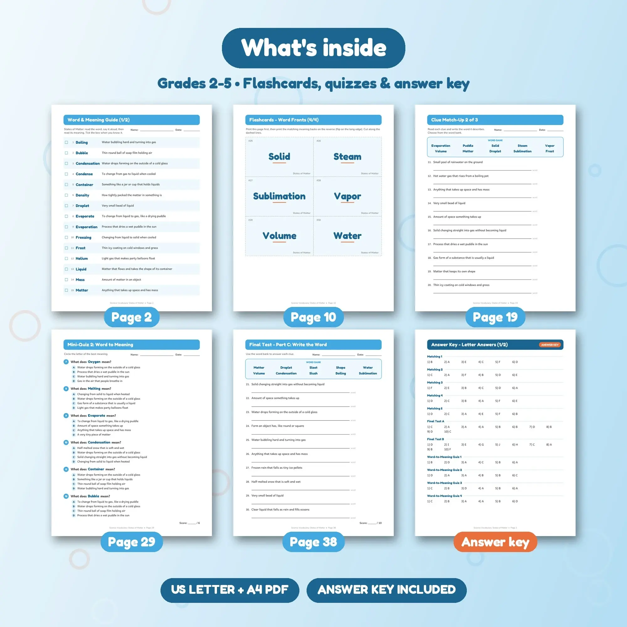 States of Matter Vocabulary Worksheets & Flashcards Grades 2-5 + Answer Key, preview 2 of 2