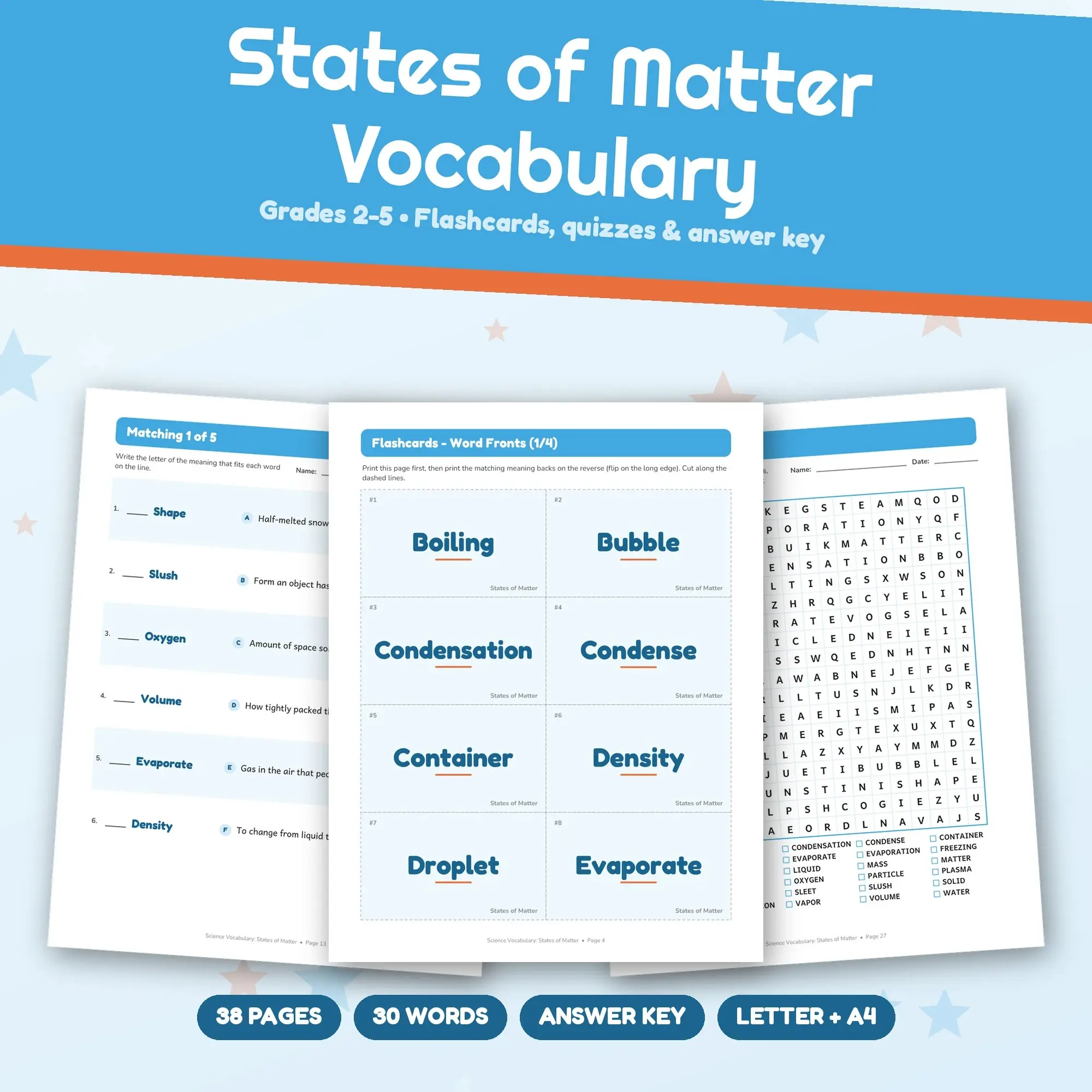States of Matter Vocabulary Worksheets & Flashcards Grades 2-5 + Answer Key preview