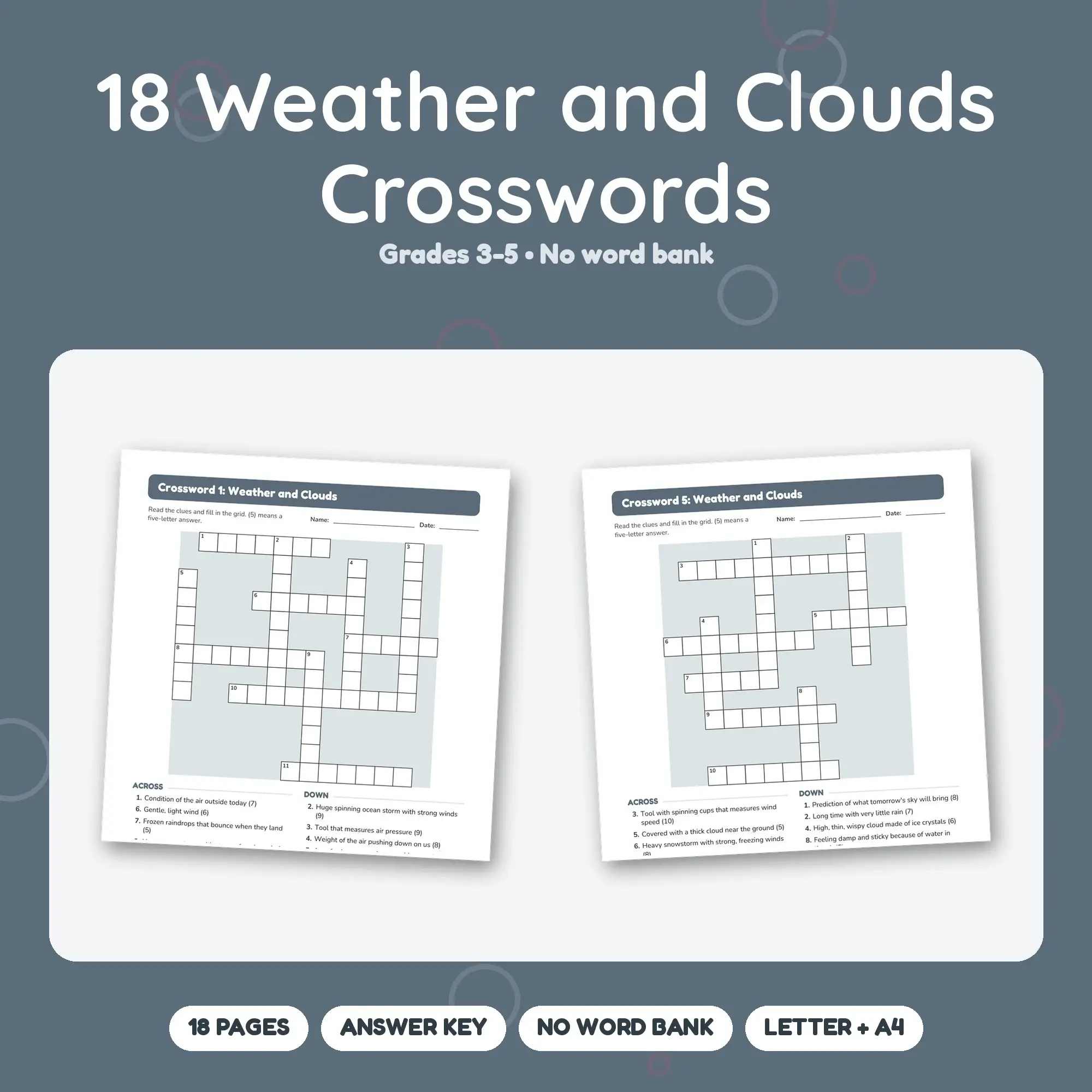 18-Puzzle Weather and Clouds Crossword Pack for Grades 3-5 (PDF + Key) preview