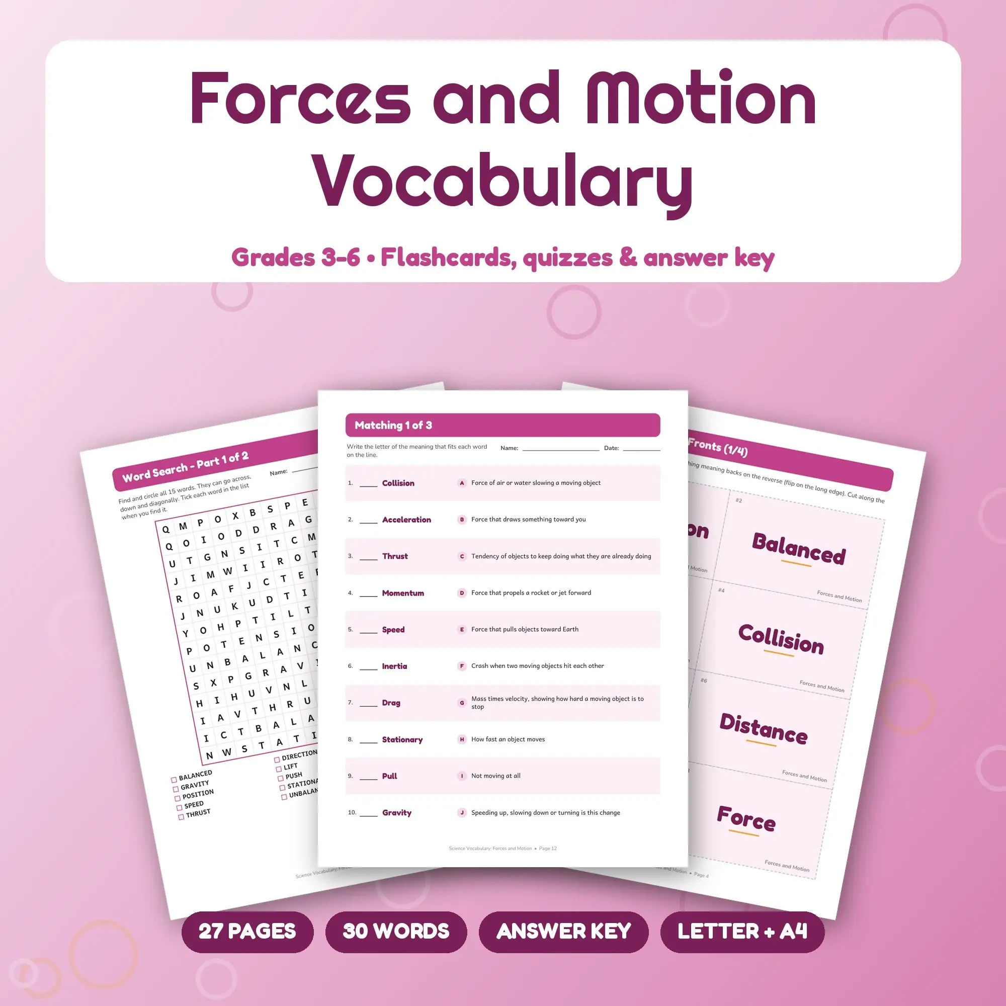 Forces and Motion Vocabulary Study Set - Flashcards, Quizzes & Word Search, Grades 3-6 preview