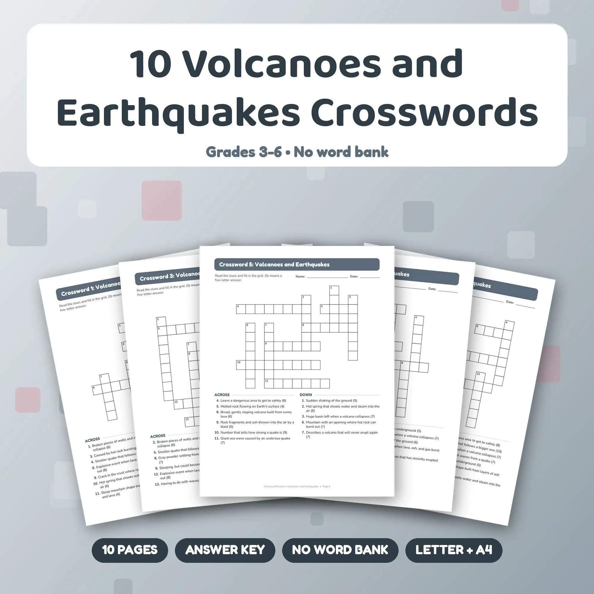 10 Volcanoes and Earthquakes Crossword Puzzles, Grades 3-6 + Answer Key preview