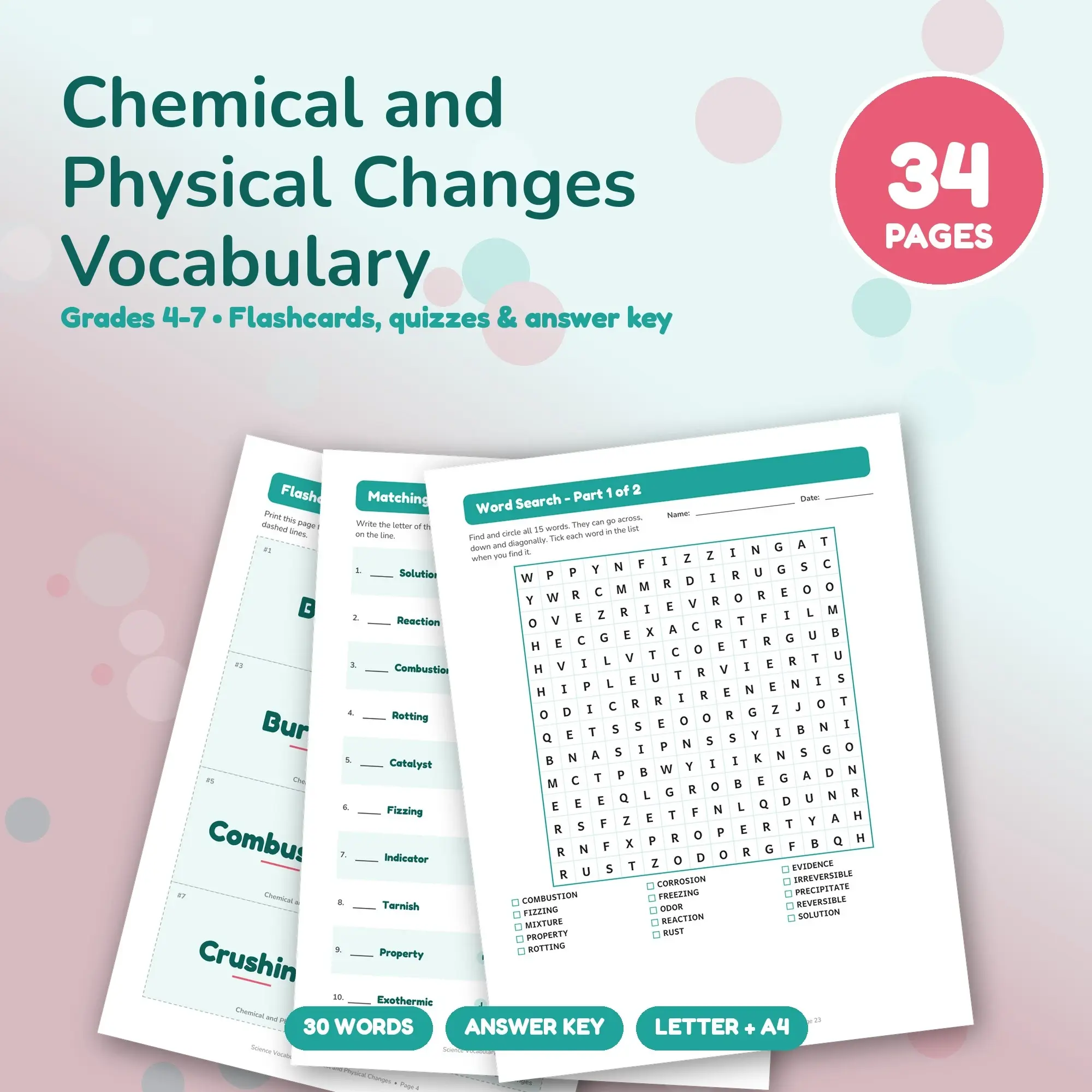 Science Vocabulary: Chemical and Physical Changes - Flashcards, Matching & Quizzes, Grades 4-7 preview