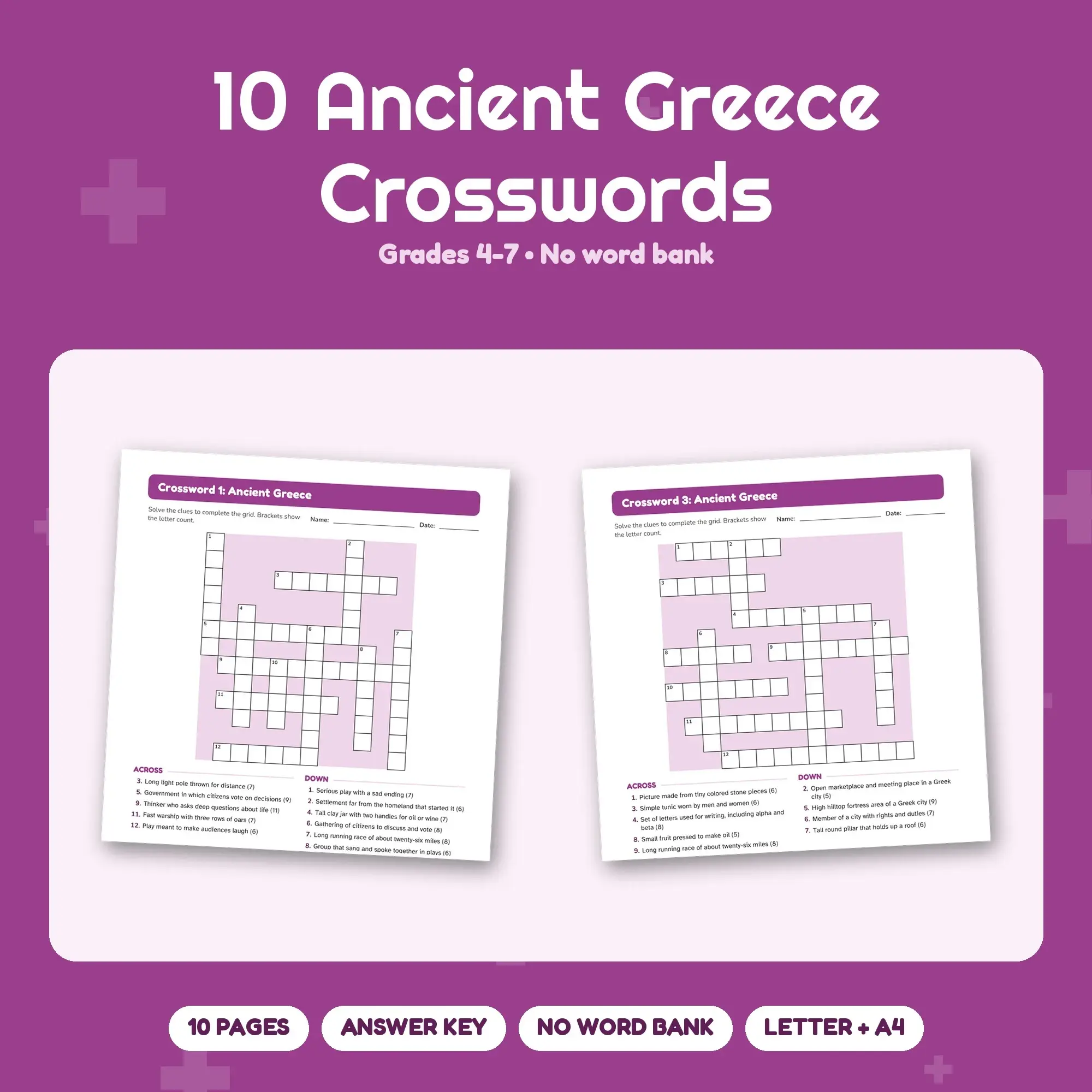 10 Ancient Greece Crossword Puzzles, Grades 4-7 + Answer Key preview