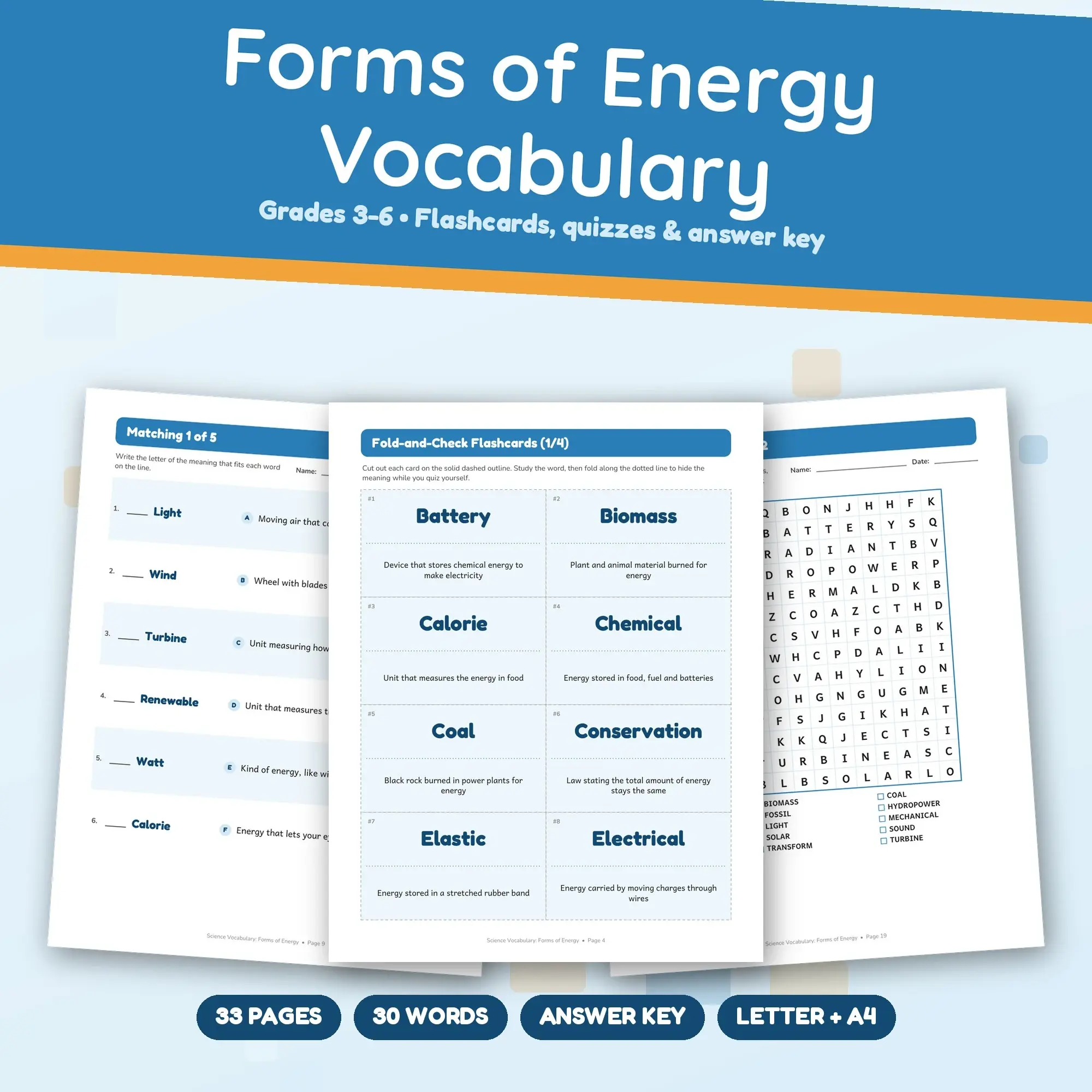 Forms of Energy Vocabulary Worksheets & Flashcards Grades 3-6 + Answer Key preview
