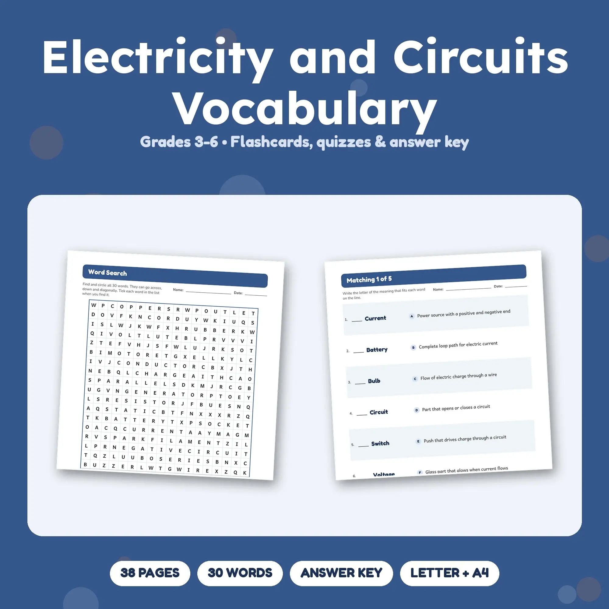 Electricity and Circuits Vocabulary Practice Pack Grades 3-6 - 38 Printable Pages + Key preview