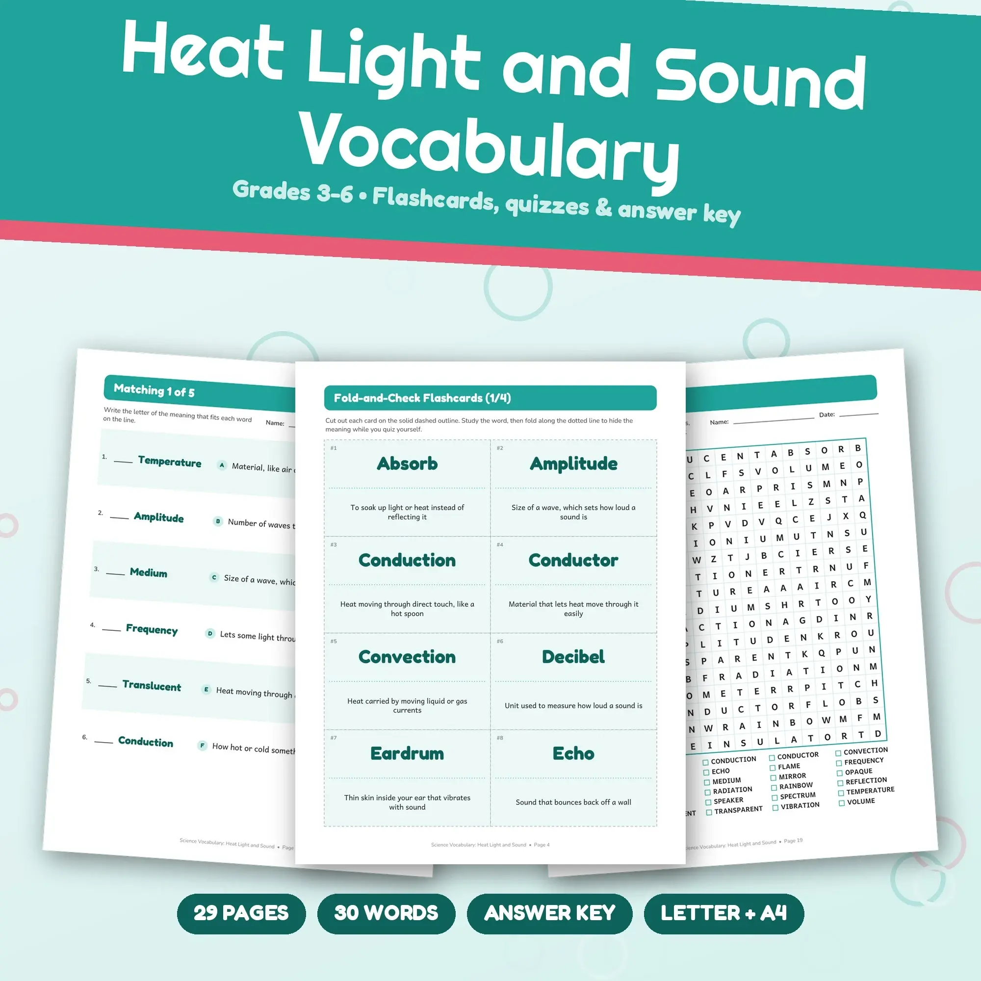30 Heat Light and Sound Vocabulary Words - Printable Study Set, Grades 3-6, Answer Key preview