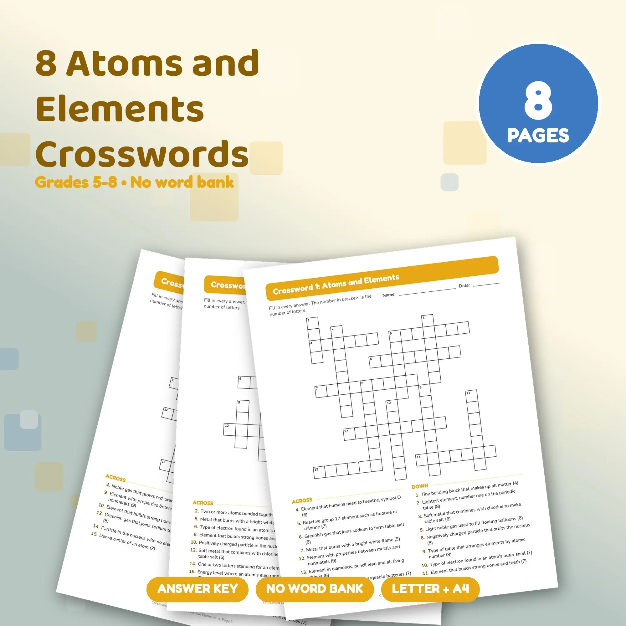 8 Printable Atoms and Elements Crosswords with Answer Key, Grades 5-8 preview