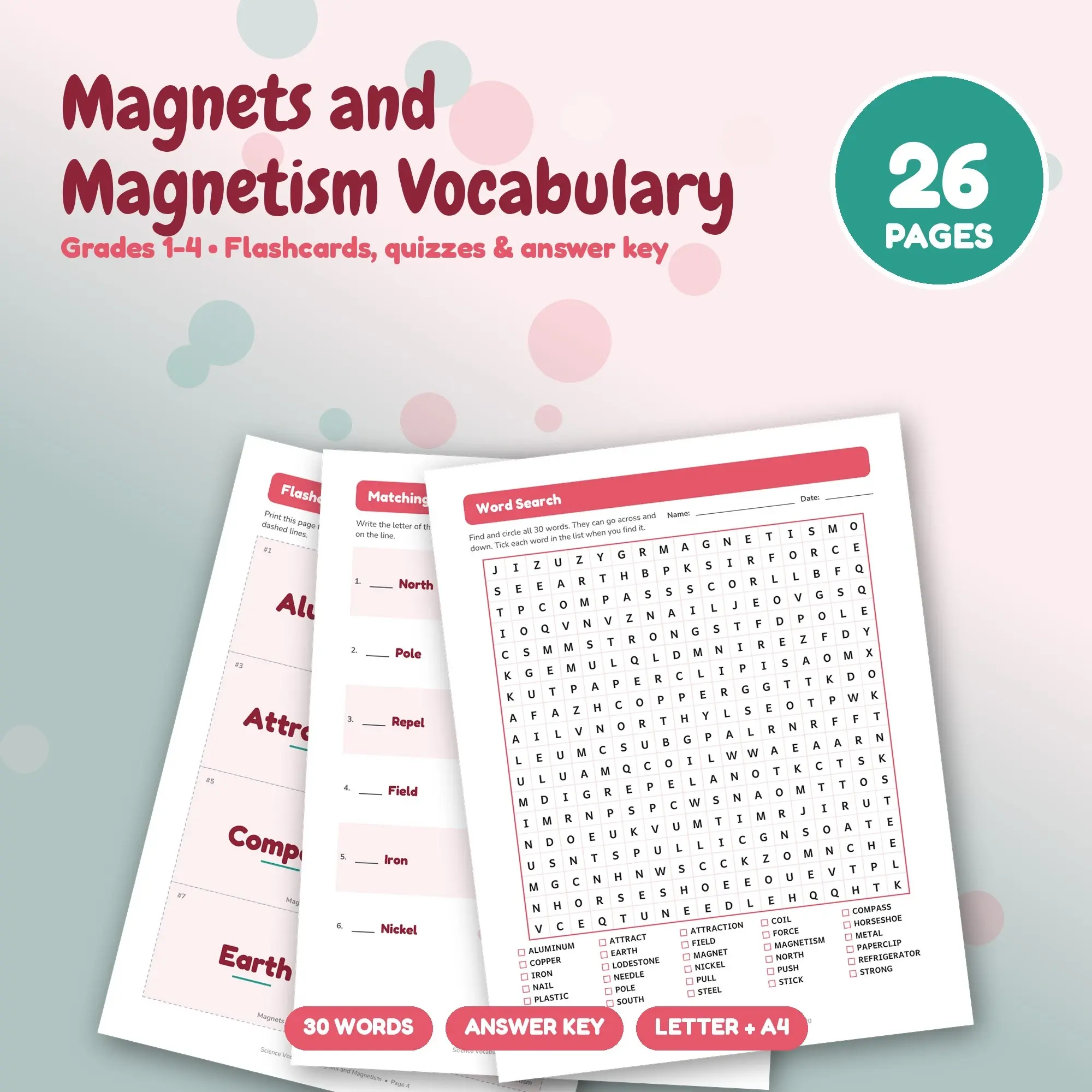 30 Magnets and Magnetism Vocabulary Words - Printable Study Set, Grades 1-4, Answer Key preview