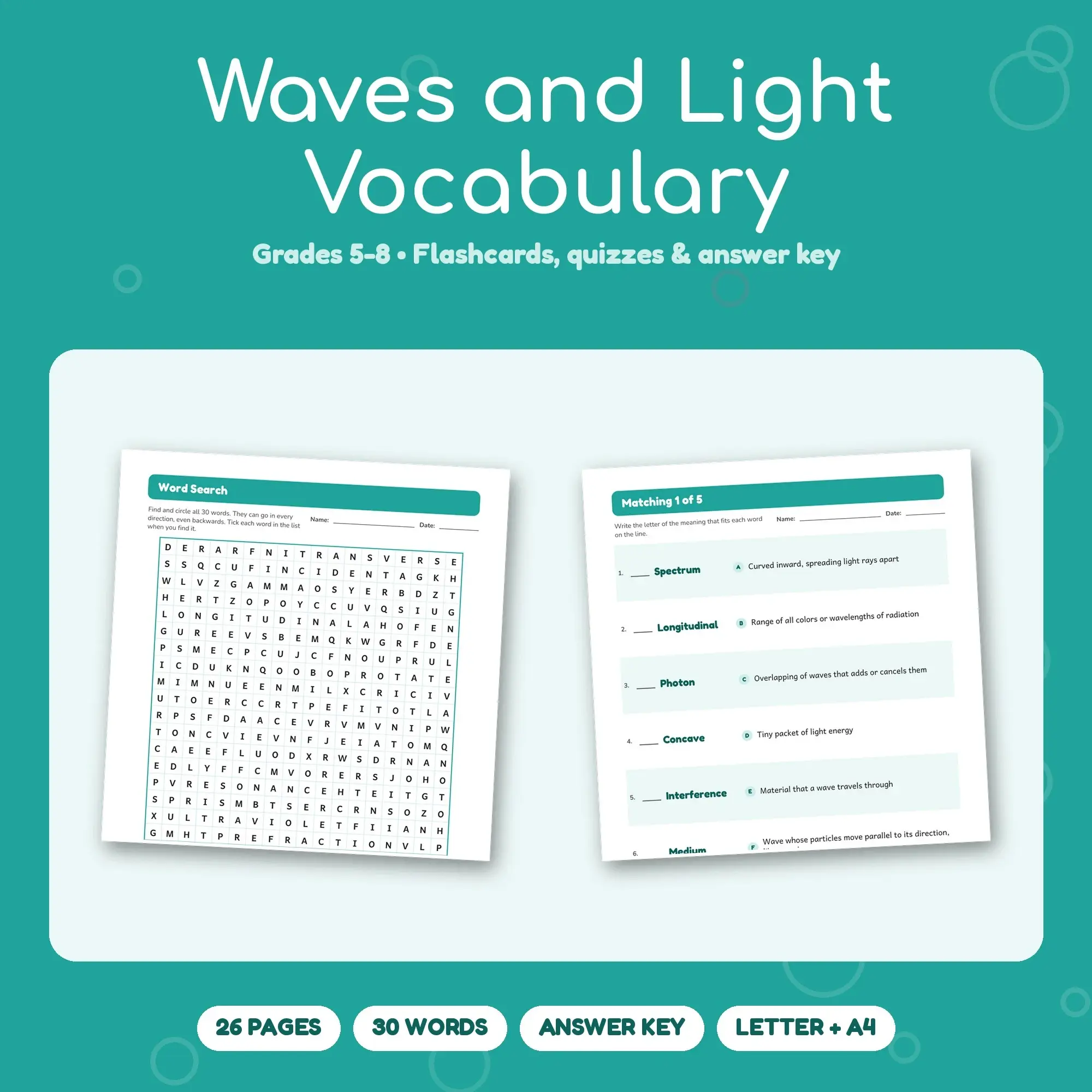 26-Page Waves and Light Vocabulary Pack: 30 Words, Matching, Quizzes (Grades 5-8) preview