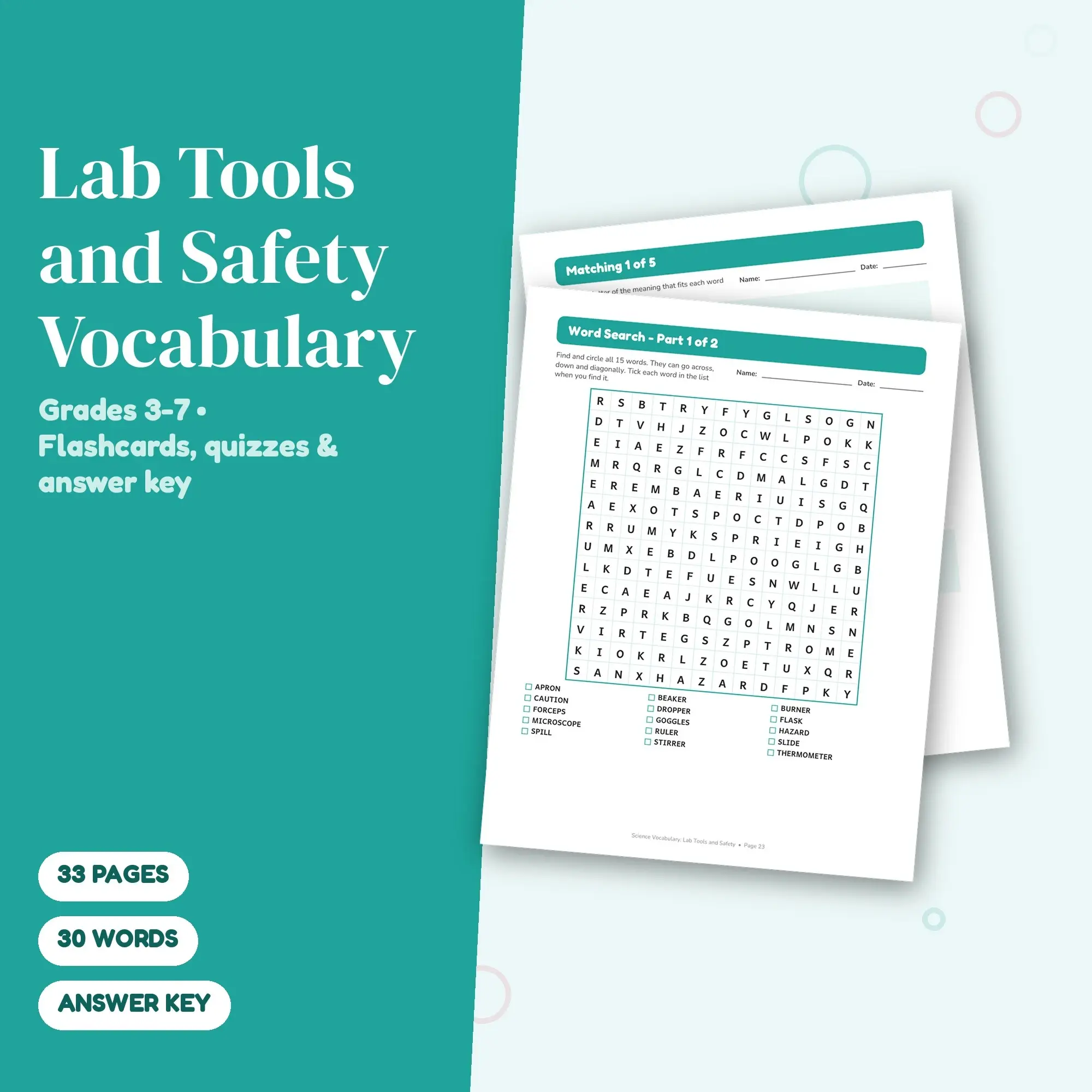 Lab Tools and Safety Vocabulary Worksheets & Flashcards Grades 3-7 + Answer Key preview