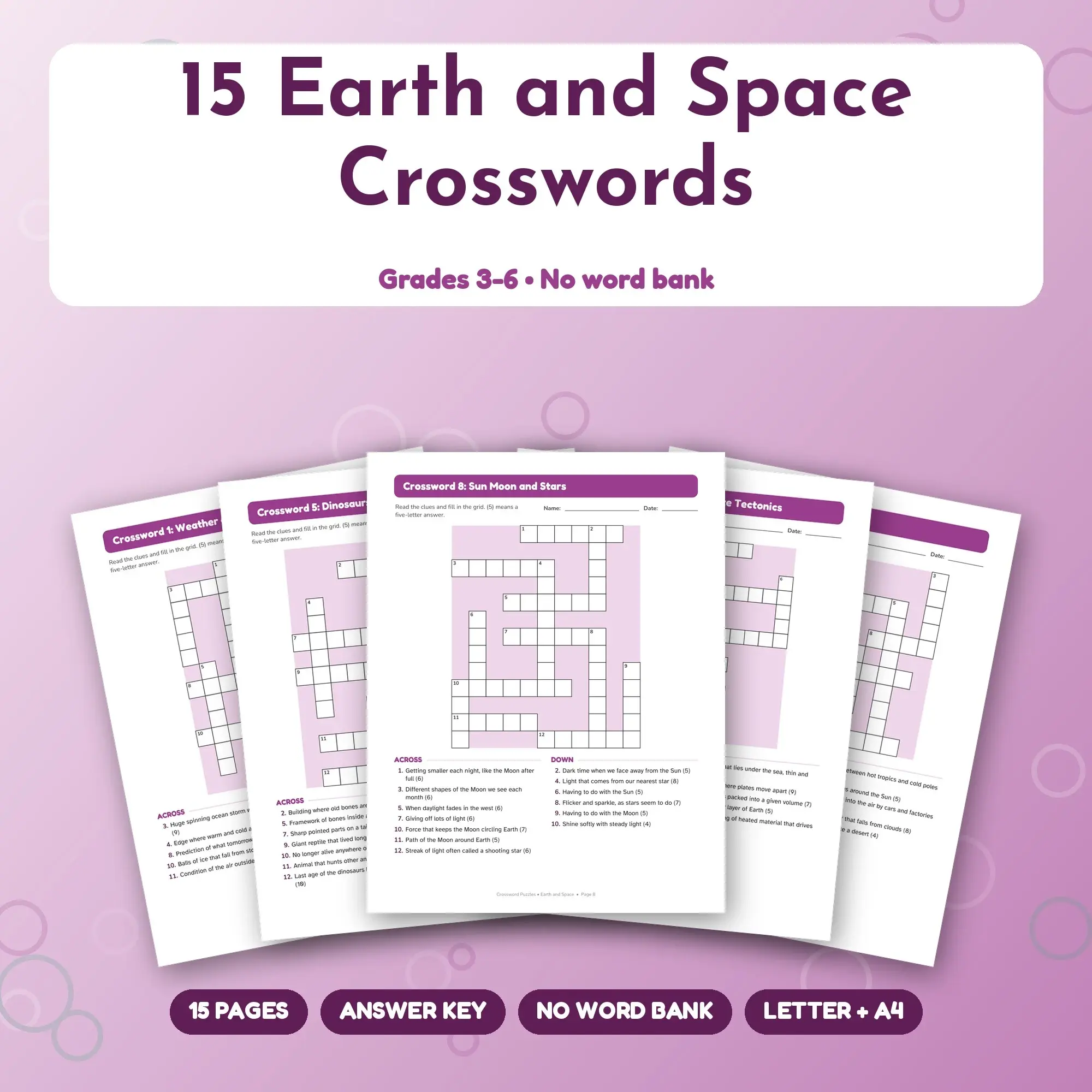 Earth and Space Crossword Pack: 15 Printable Puzzles, Grades 3-6, Answer Key preview