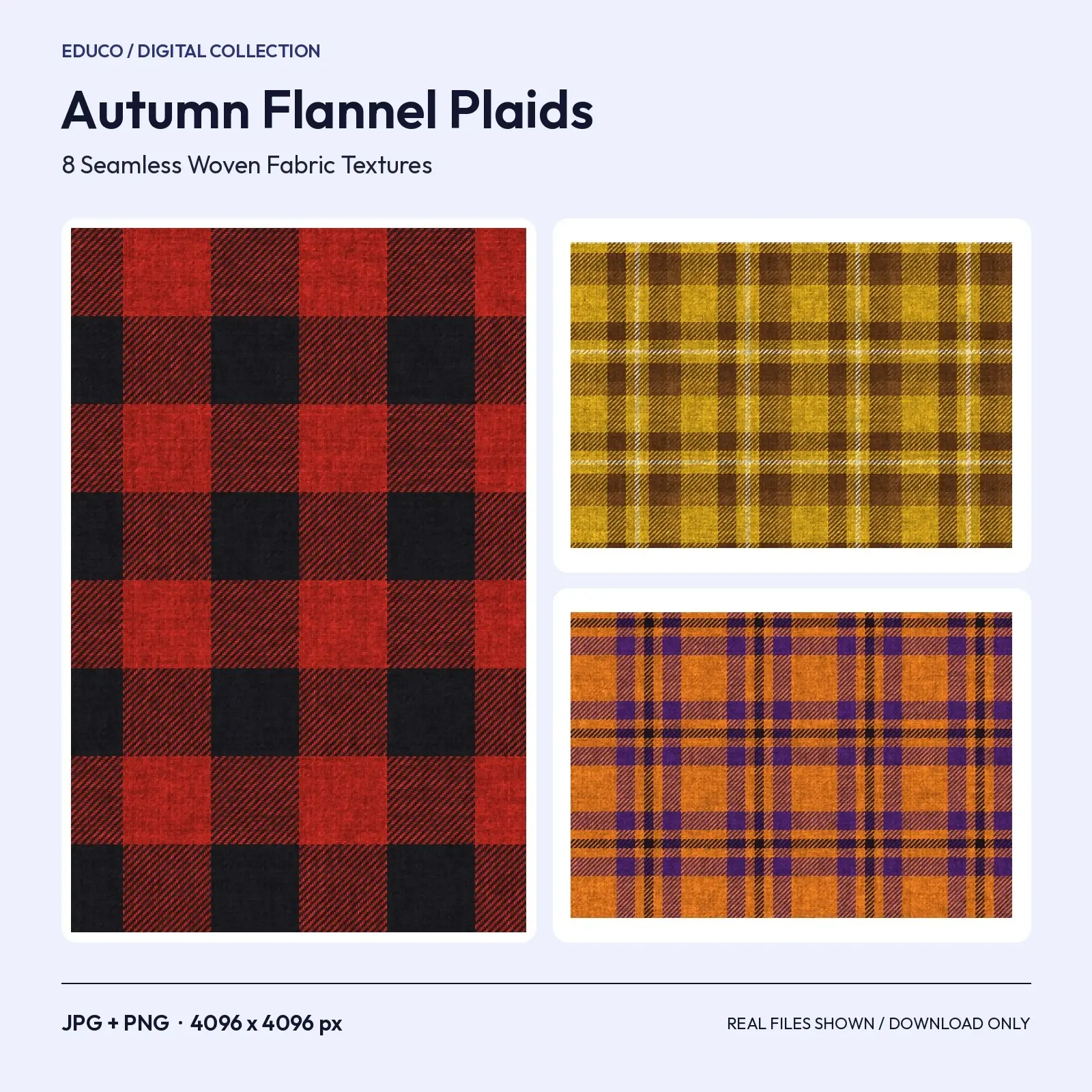 Autumn Flannel Plaid Textures - 8 Seamless Woven Fabric Backgrounds, 4096px, preview 1 of 4