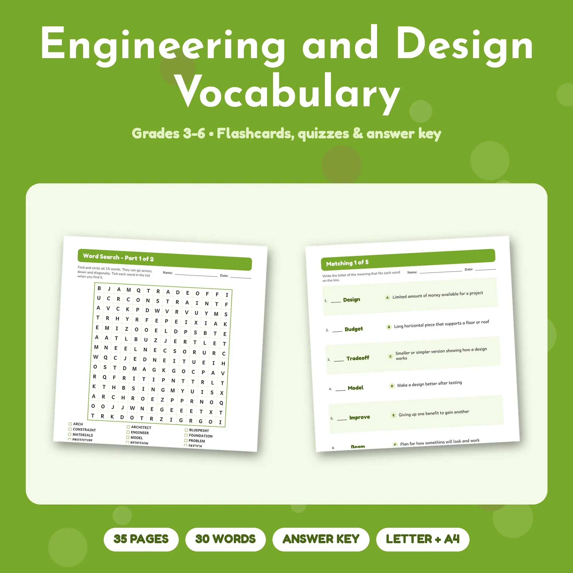 35-Page Engineering and Design Vocabulary Pack: 30 Words, Matching, Quizzes (Grades 3-6) preview