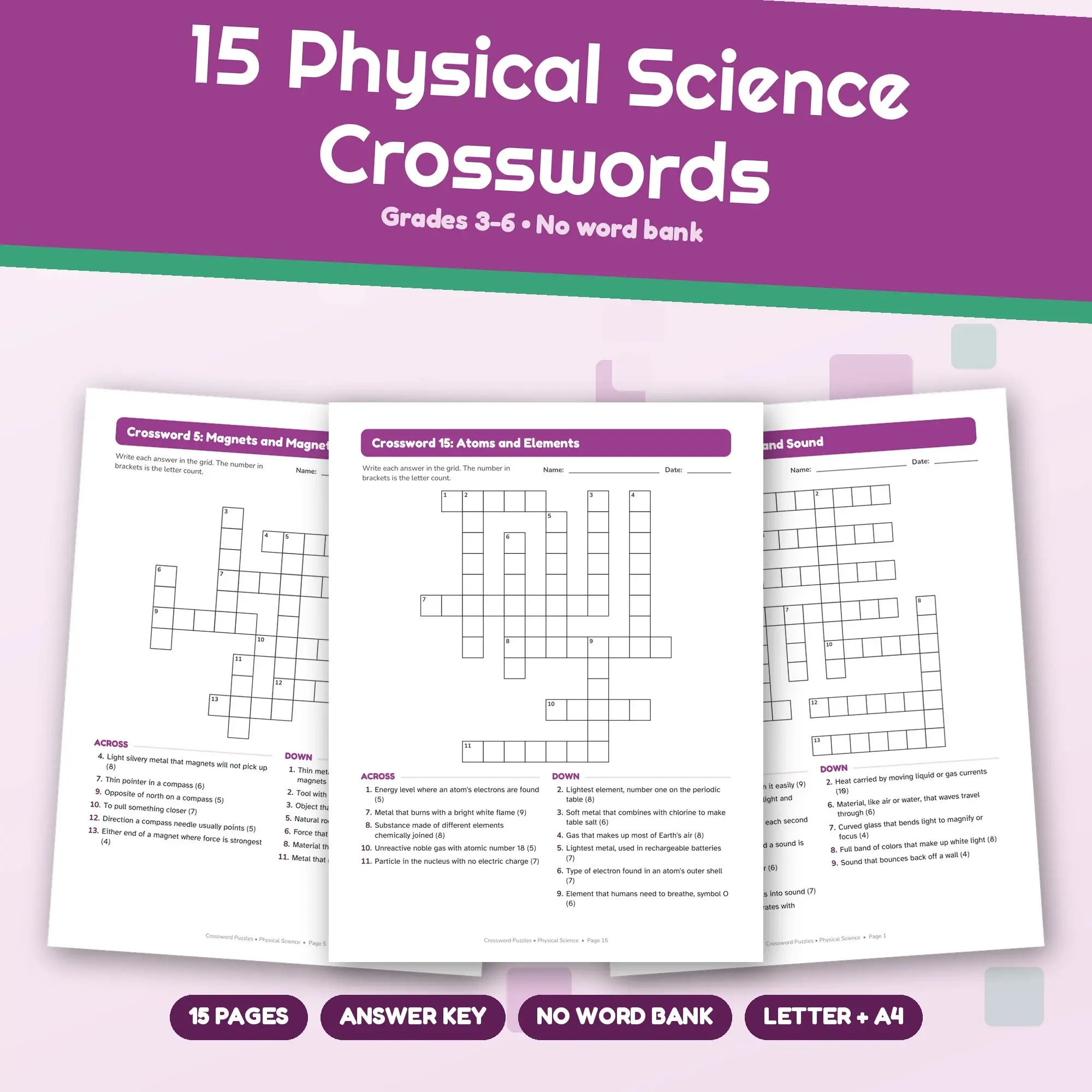 Physical Science Crossword Pack: 15 Printable Puzzles, Grades 3-6, Answer Key preview