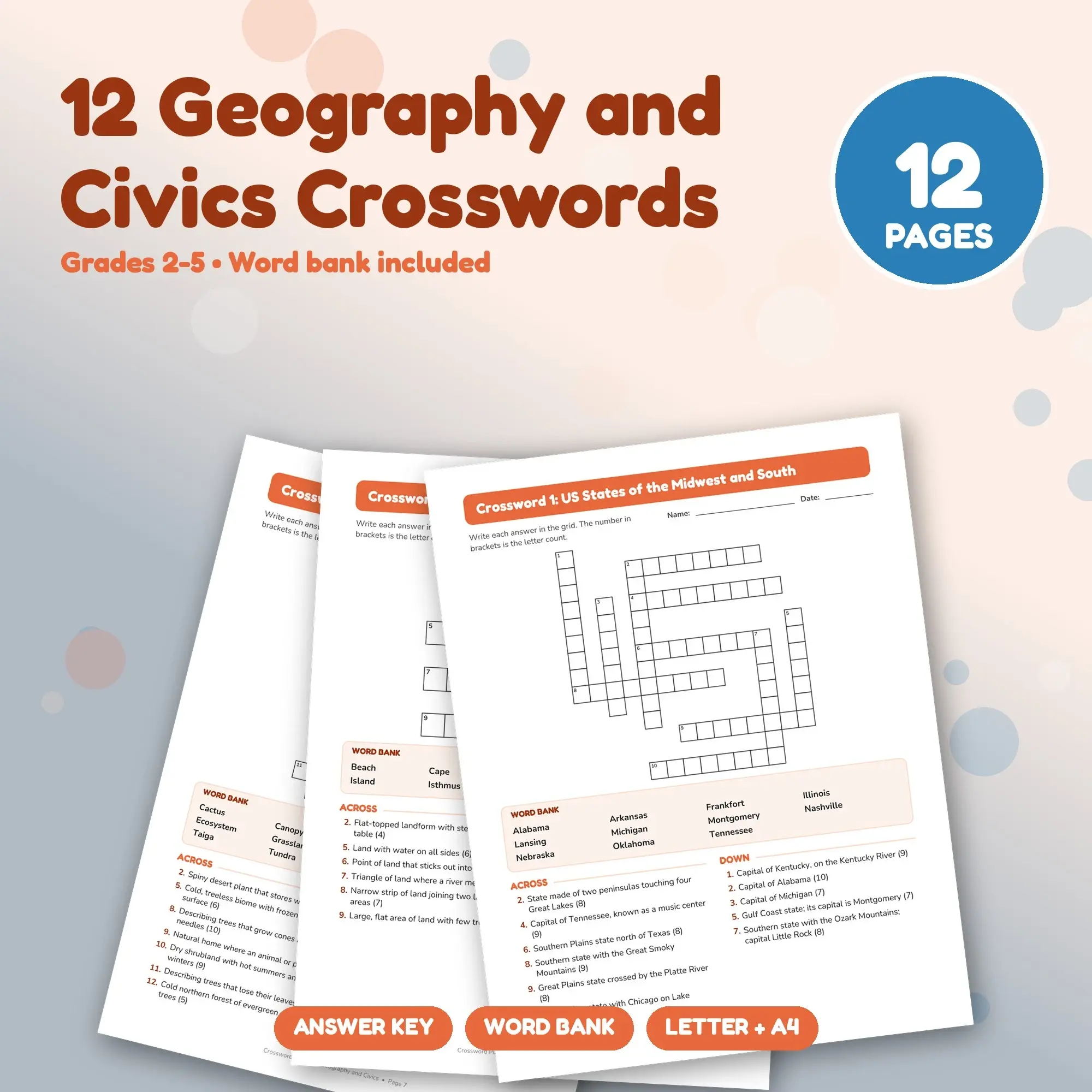 Geography and Civics Crossword Pack: 12 Printable Puzzles, Grades 2-5, Answer Key, preview 1 of 2