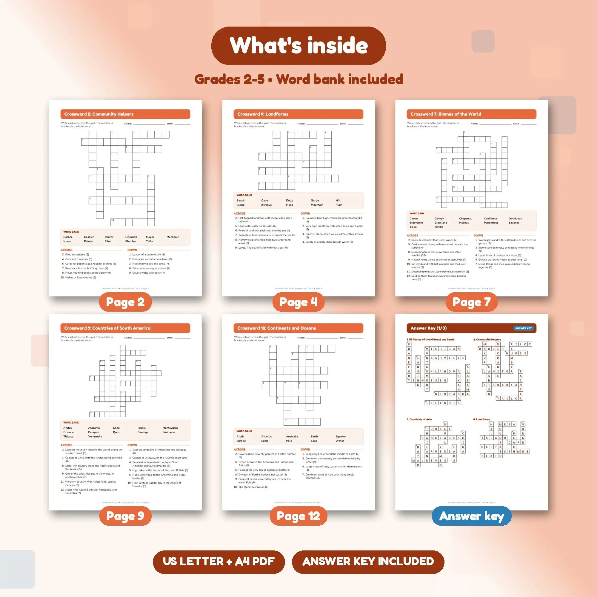Geography and Civics Crossword Pack: 12 Printable Puzzles, Grades 2-5, Answer Key, preview 2 of 2