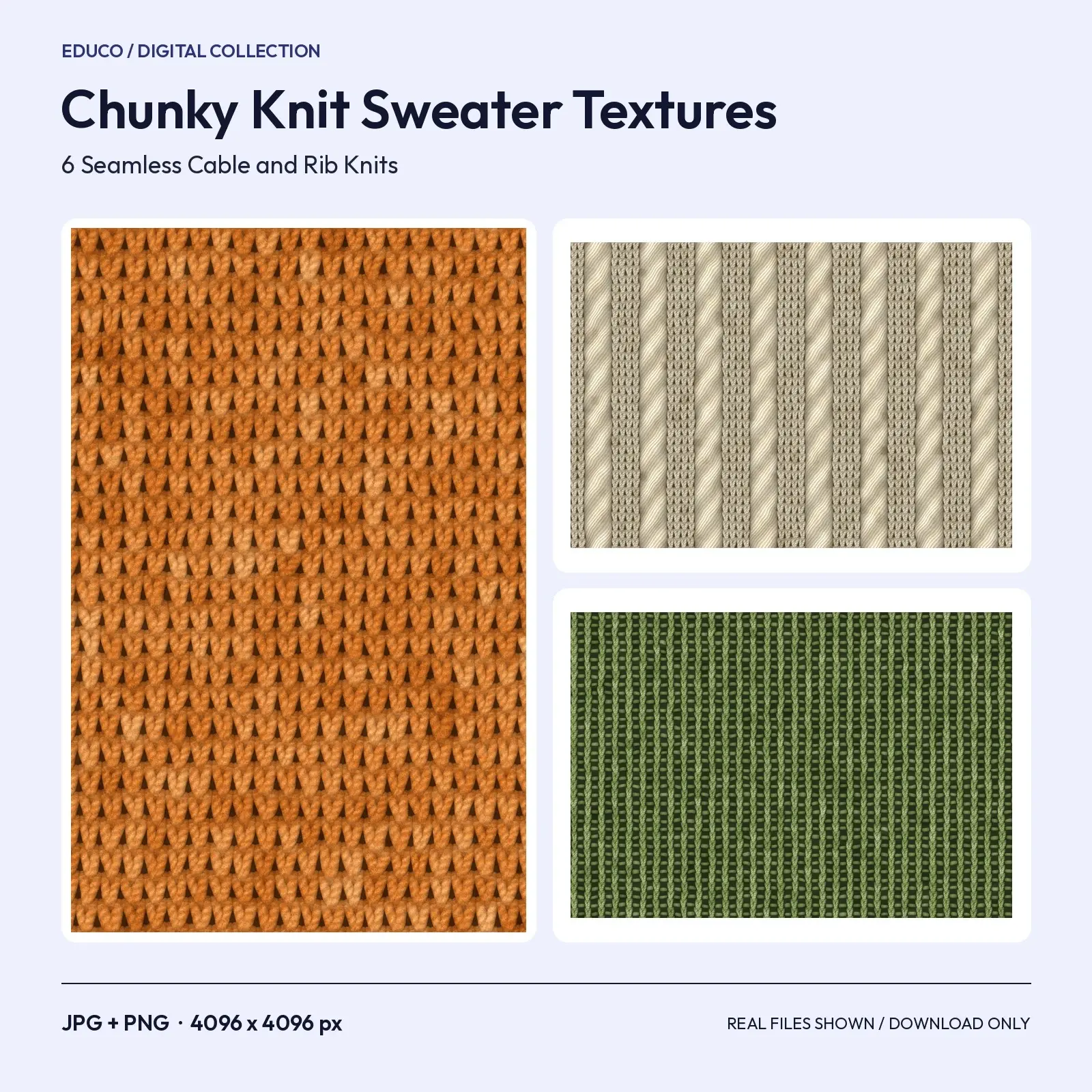 Chunky Knit Sweater Textures - 6 Seamless Cable, Rib and Stockinette Backgrounds preview