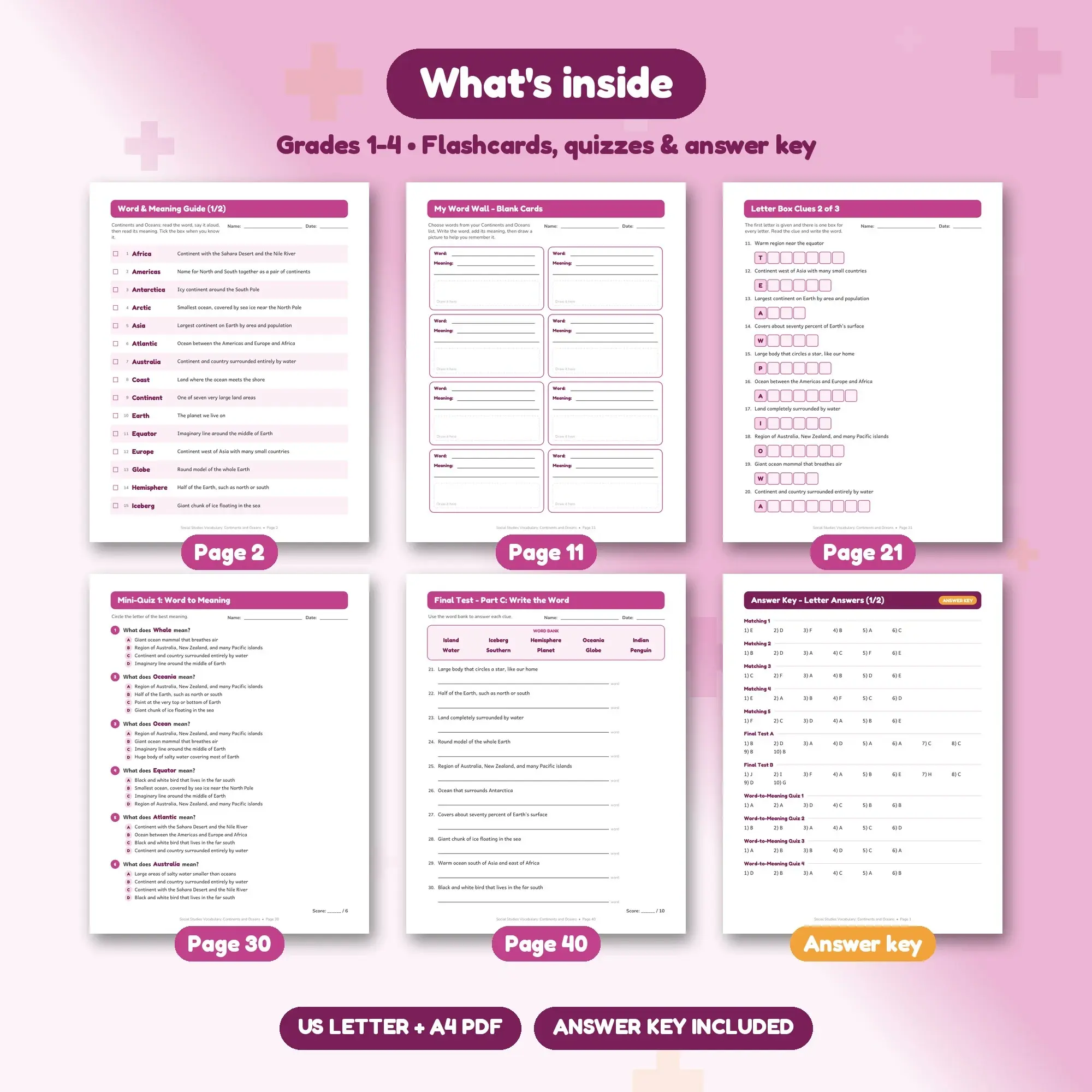 Printable Continents and Oceans Vocabulary Activities Grades 1-4 - Word Search, Quizzes, Key, preview 2 of 2