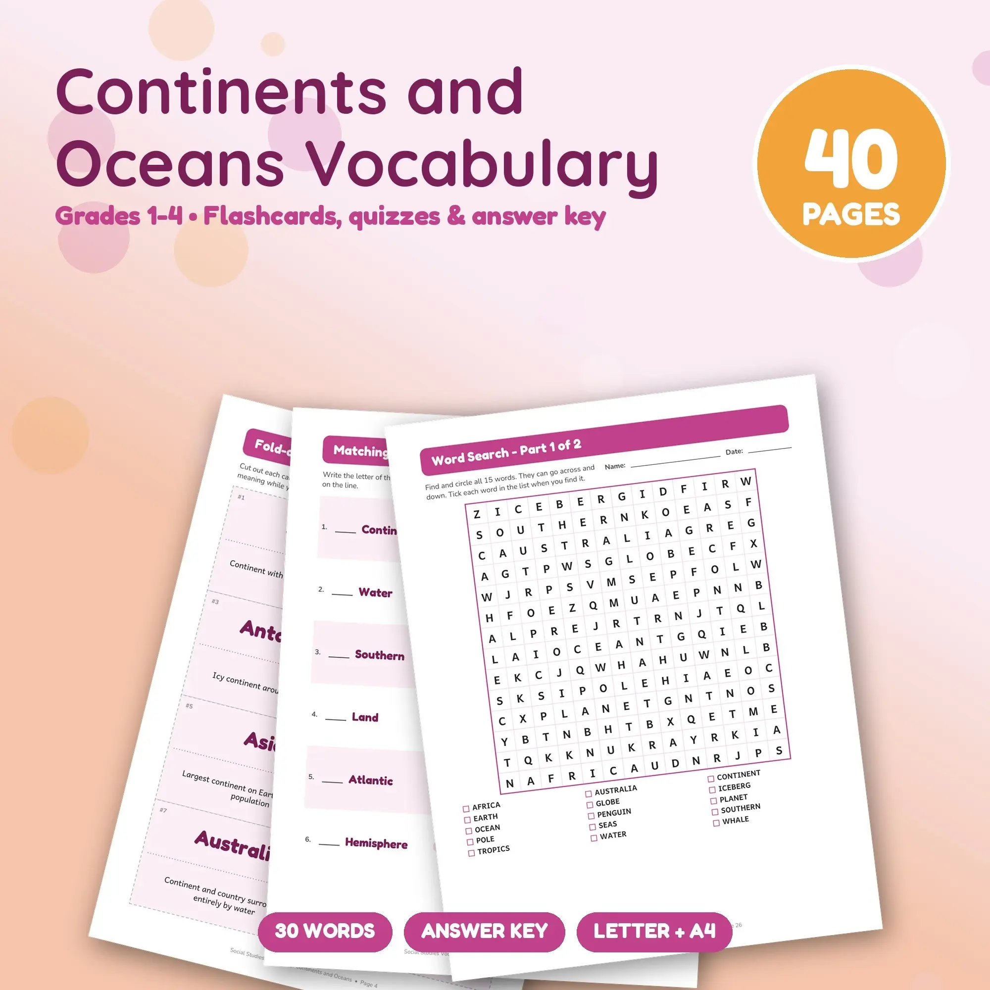 Printable Continents and Oceans Vocabulary Activities Grades 1-4 - Word Search, Quizzes, Key, preview 1 of 2