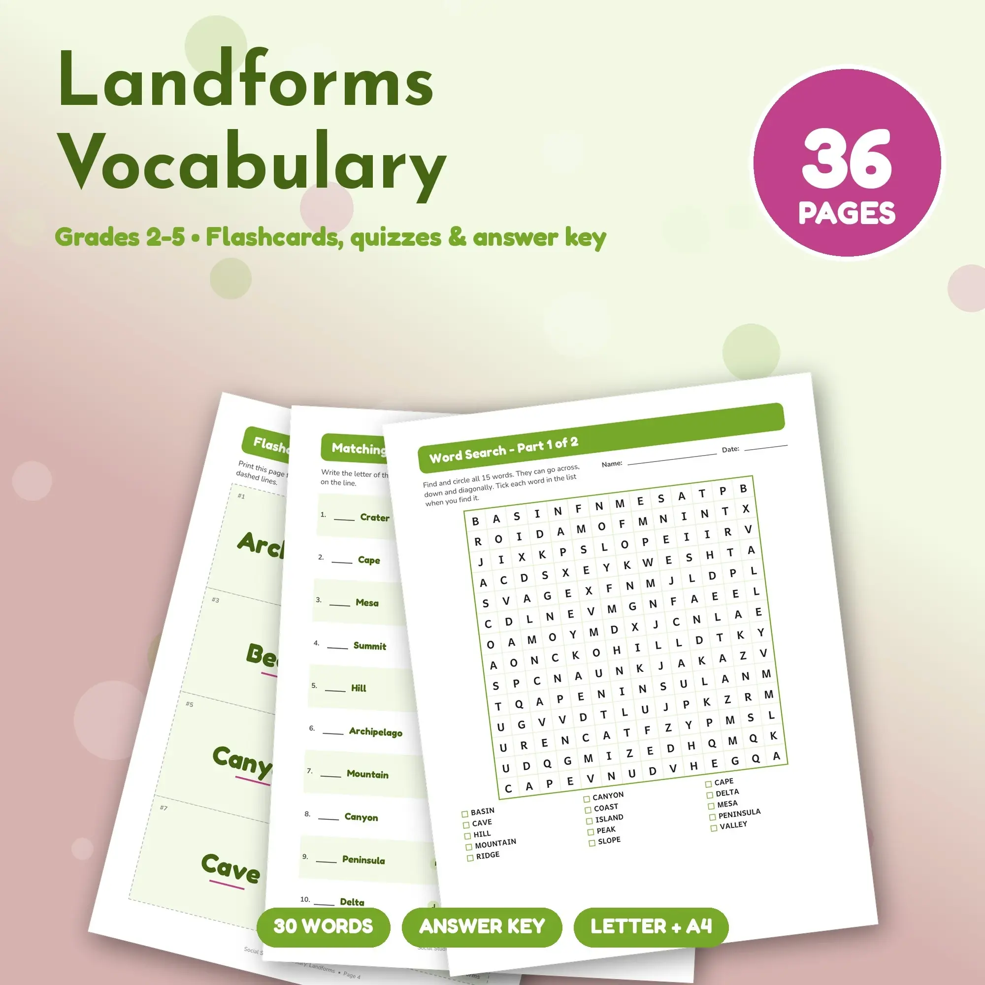 Landforms Vocabulary Study Set - Flashcards, Quizzes & Word Search, Grades 2-5 preview