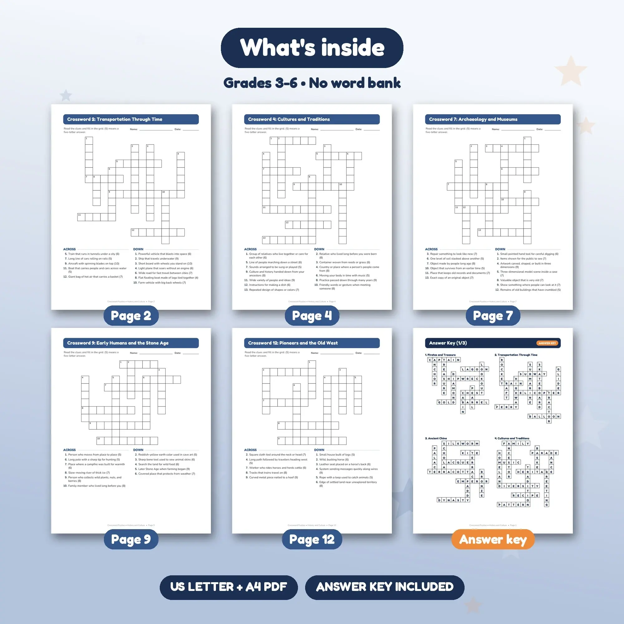 History and Culture Crossword Pack: 12 Printable Puzzles, Grades 3-6, Answer Key, preview 2 of 2